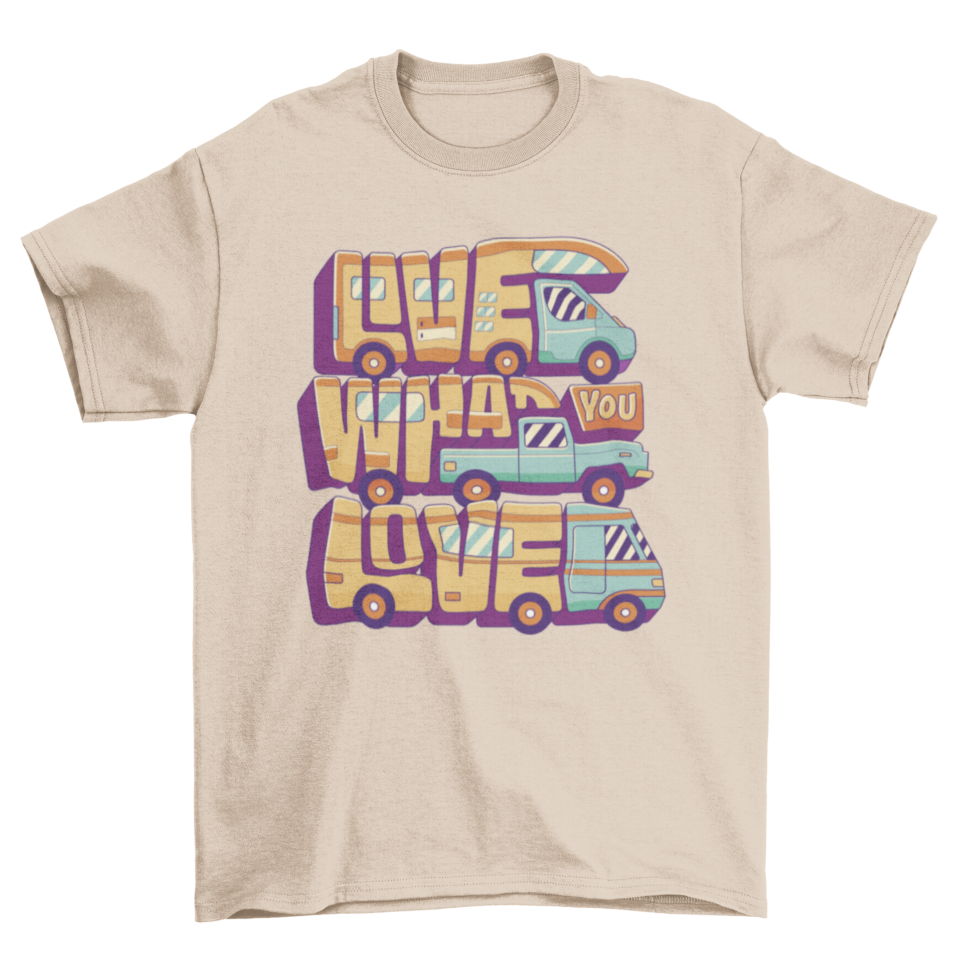 Camping Truck Love Quote T-Shirt featuring RVs and the quote 'Live what you love'.