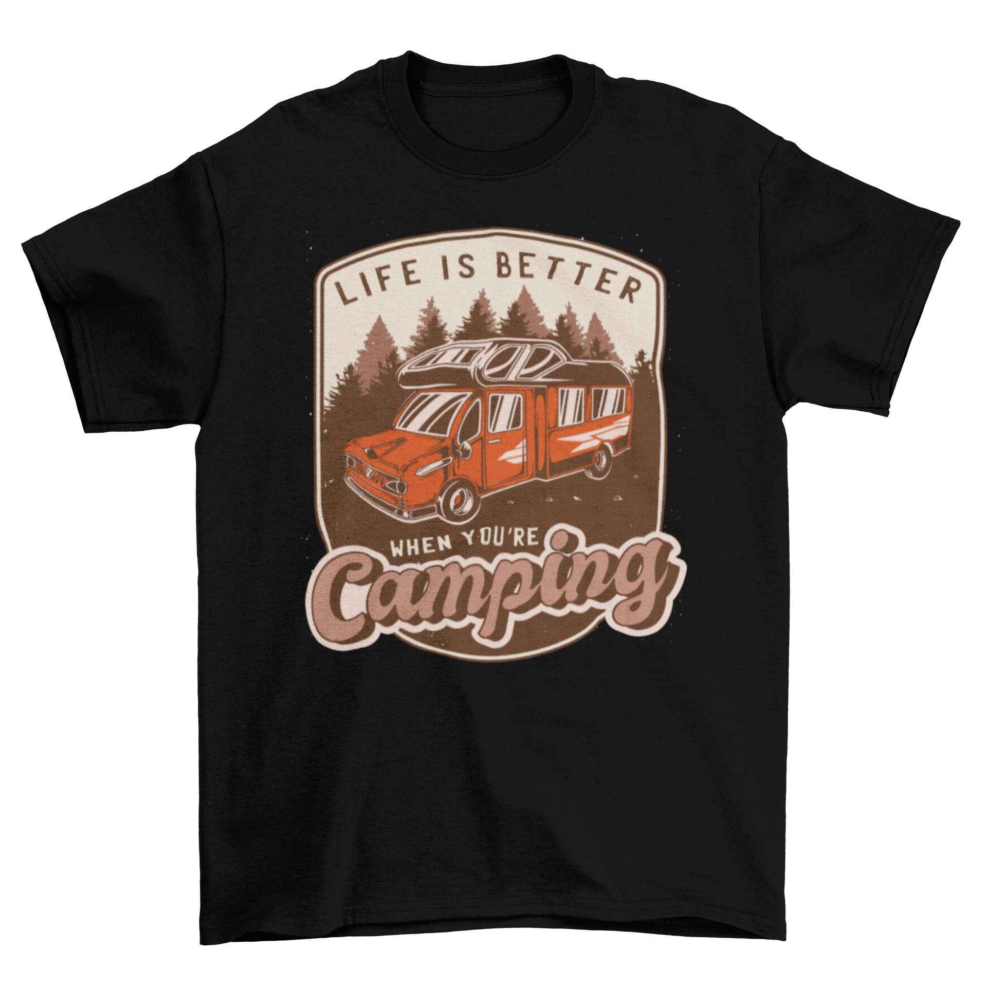 A vintage-style t-shirt featuring a red camping van and the quote 'Life is better when you're camping'.