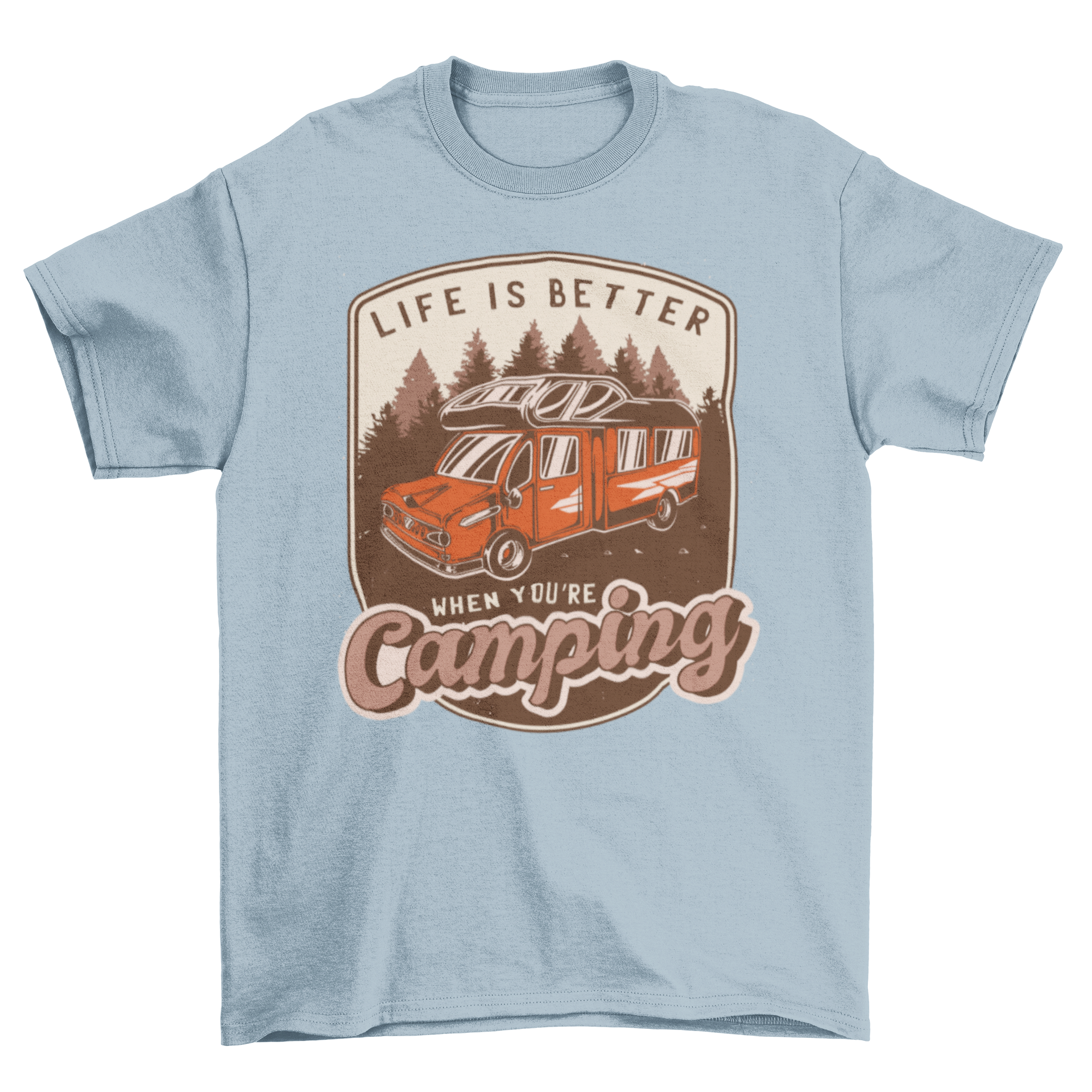 A vintage-style t-shirt featuring a red camping van and the quote 'Life is better when you're camping'.