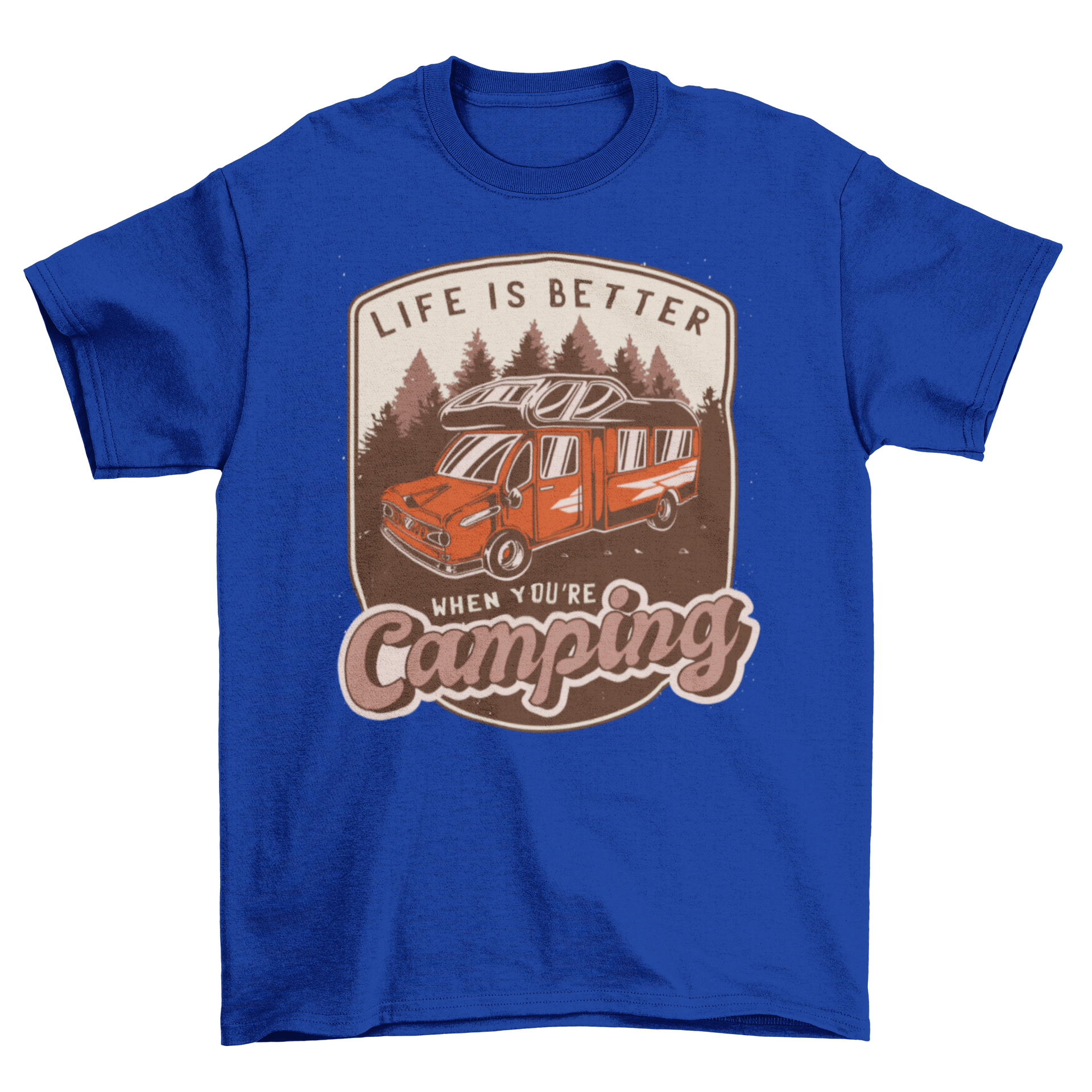 A vintage-style t-shirt featuring a red camping van and the quote 'Life is better when you're camping'.