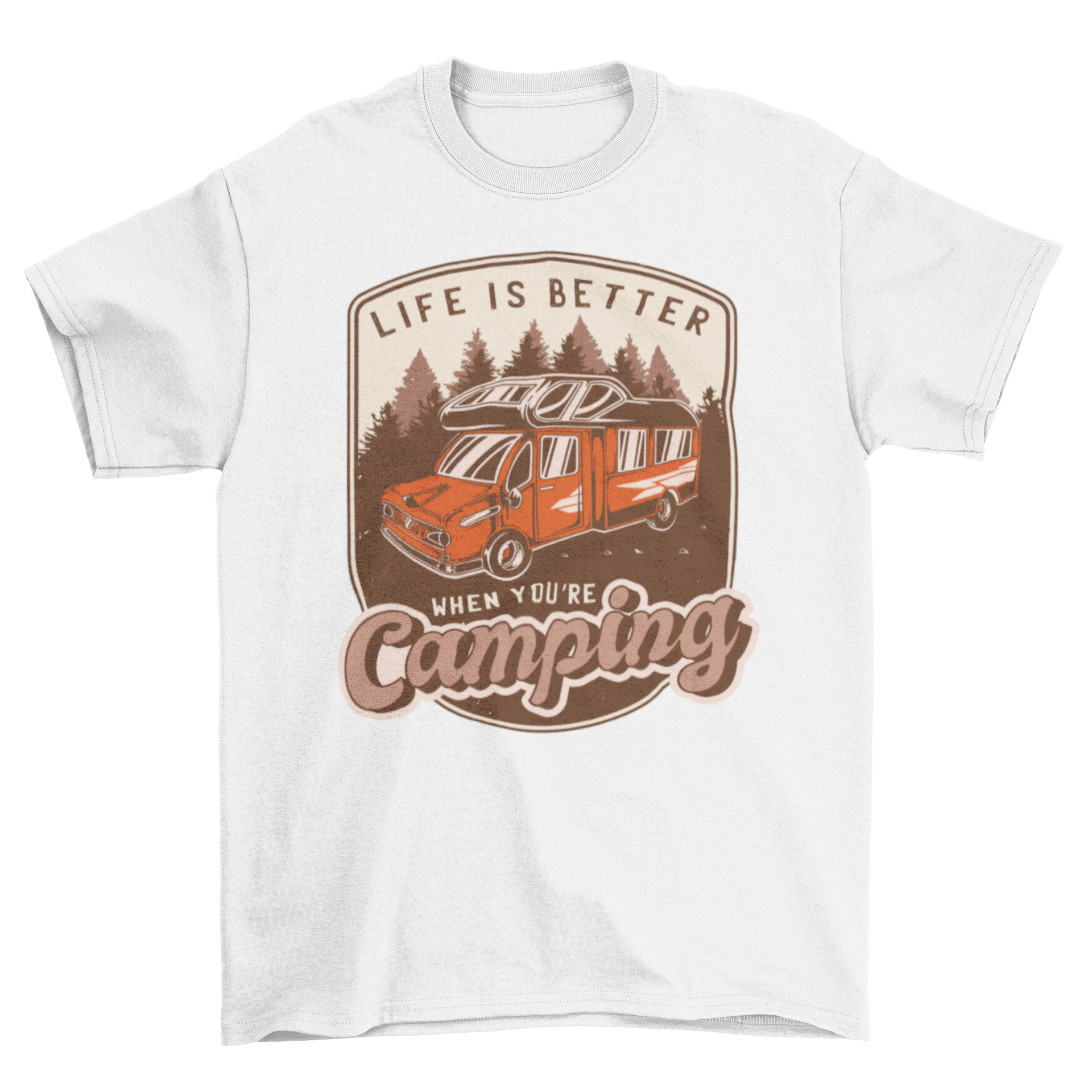 A vintage-style t-shirt featuring a red camping van and the quote 'Life is better when you're camping'.