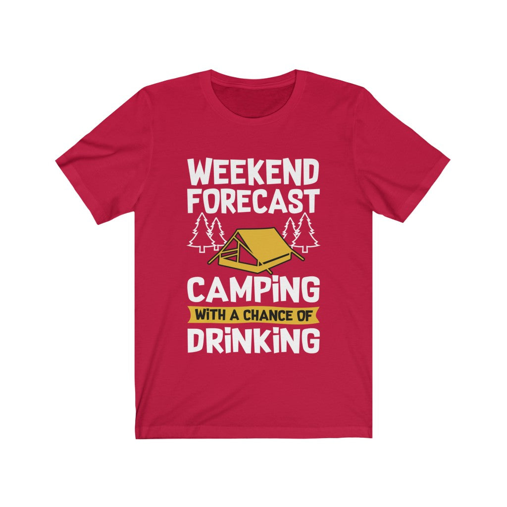 A comfortable unisex t-shirt featuring the phrase 'Camping with a Chance of Drinking' in vibrant vinyl print, made from 100% soft cotton.