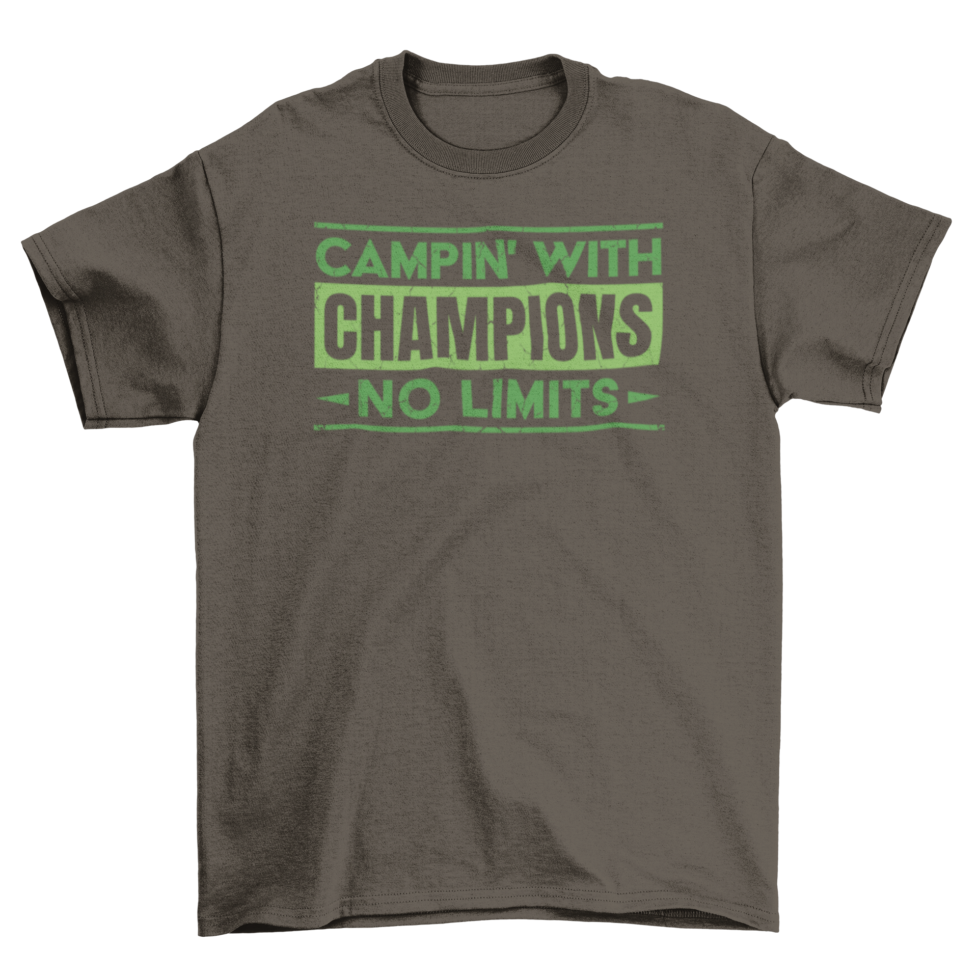 A stylish t-shirt featuring the quote 'Campin' with champions - no limits' designed for outdoor enthusiasts.