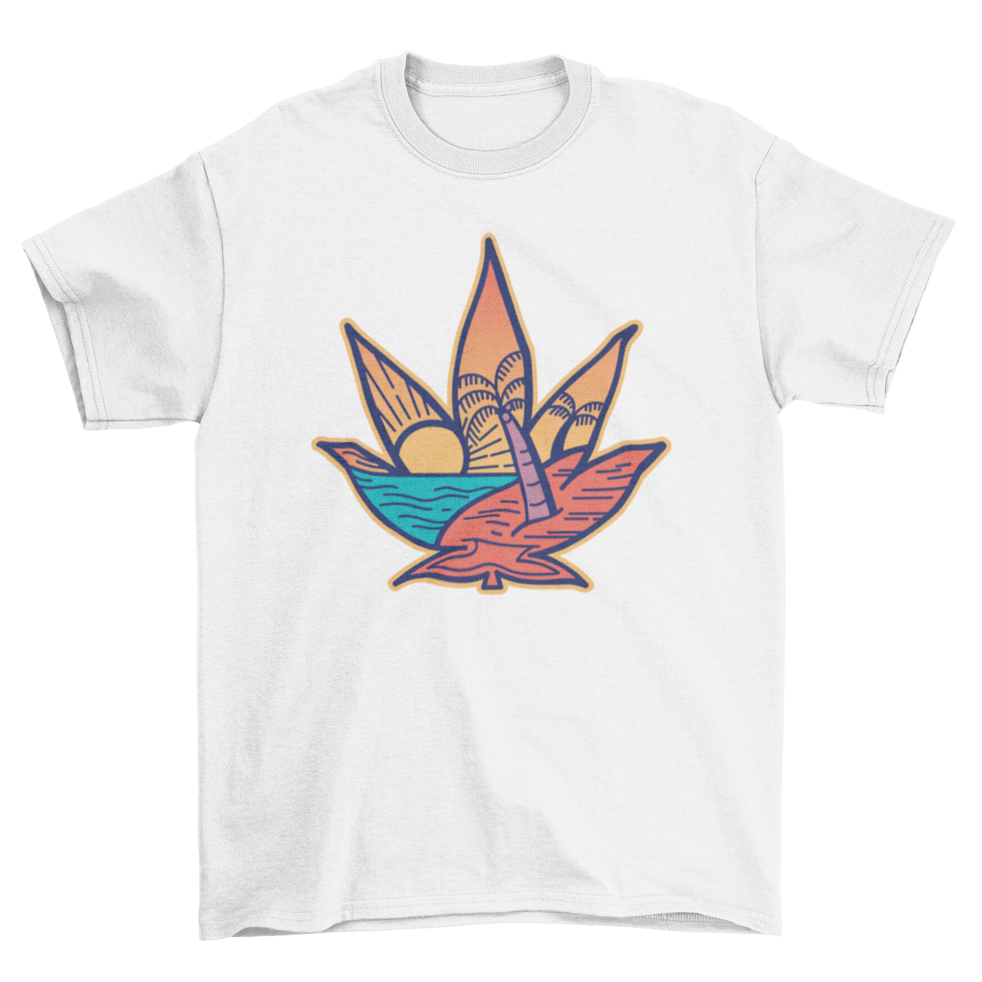 A stylish cannabis leaf beach t-shirt featuring a vibrant sunset design with a cannabis leaf and beach scene.