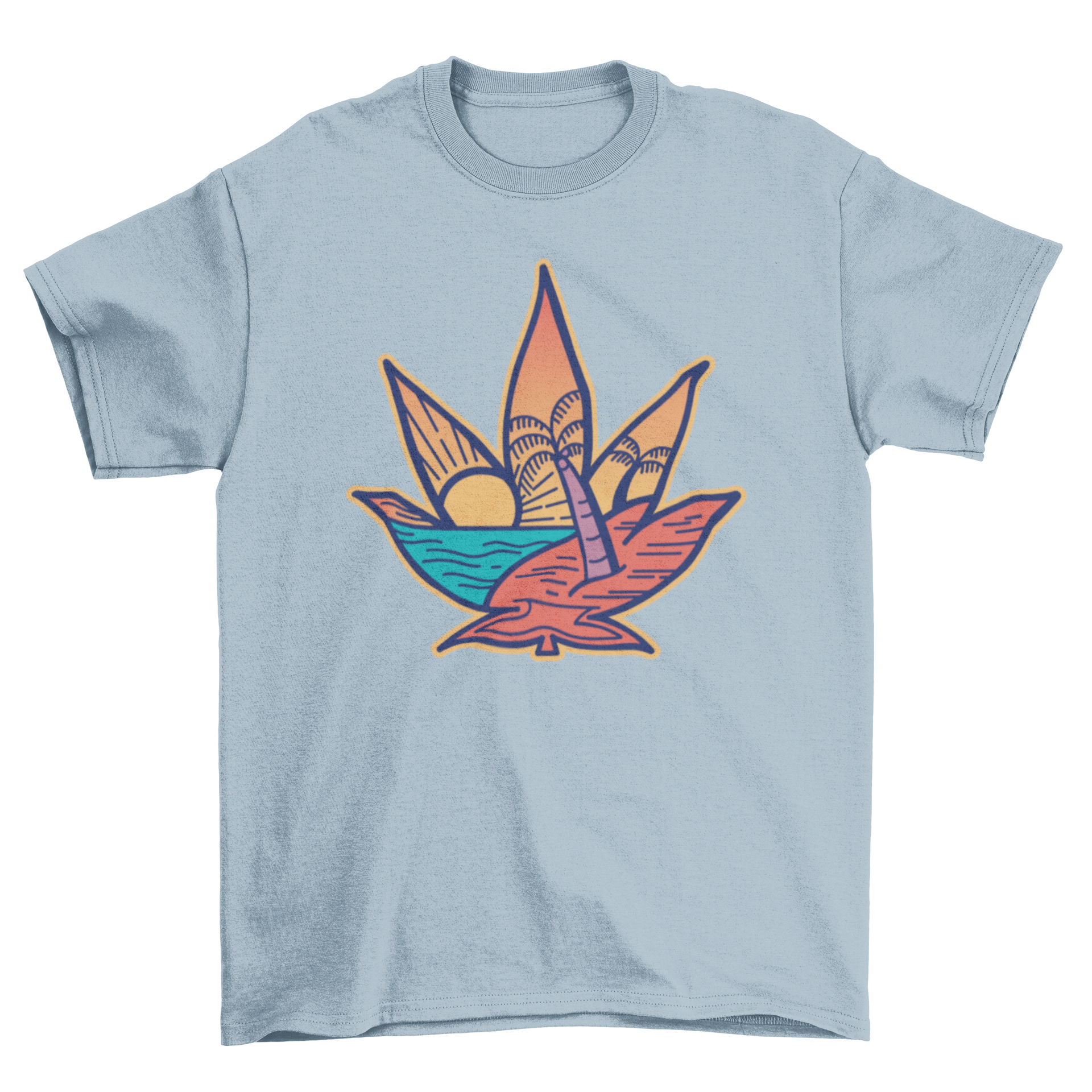 A stylish cannabis leaf beach t-shirt featuring a vibrant sunset design with a cannabis leaf and beach scene.