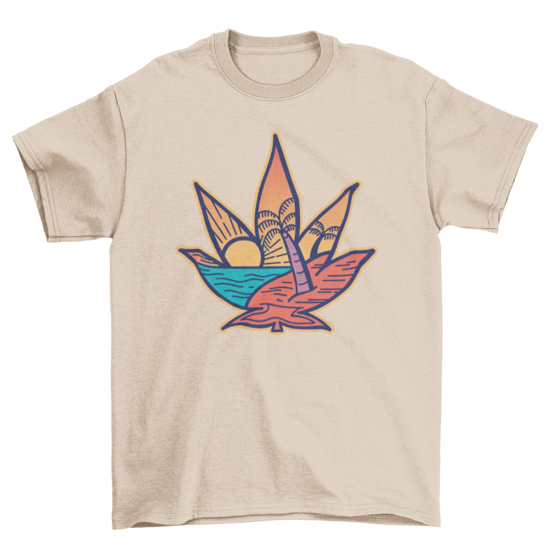 A stylish cannabis leaf beach t-shirt featuring a vibrant sunset design with a cannabis leaf and beach scene.