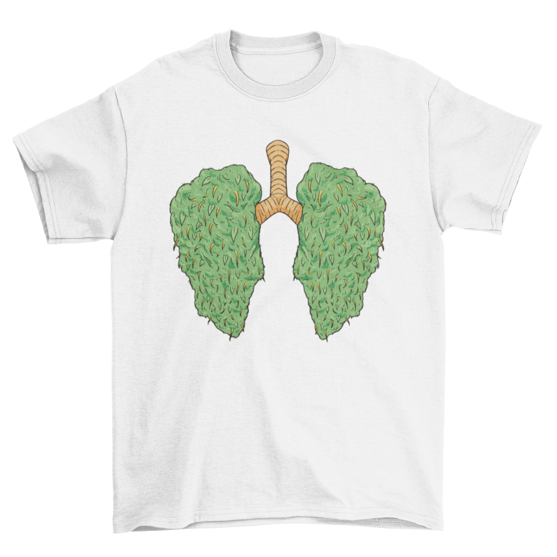 A stylish Cannabis Lungs T-Shirt featuring an artistic illustration of lungs made from cannabis leaves.