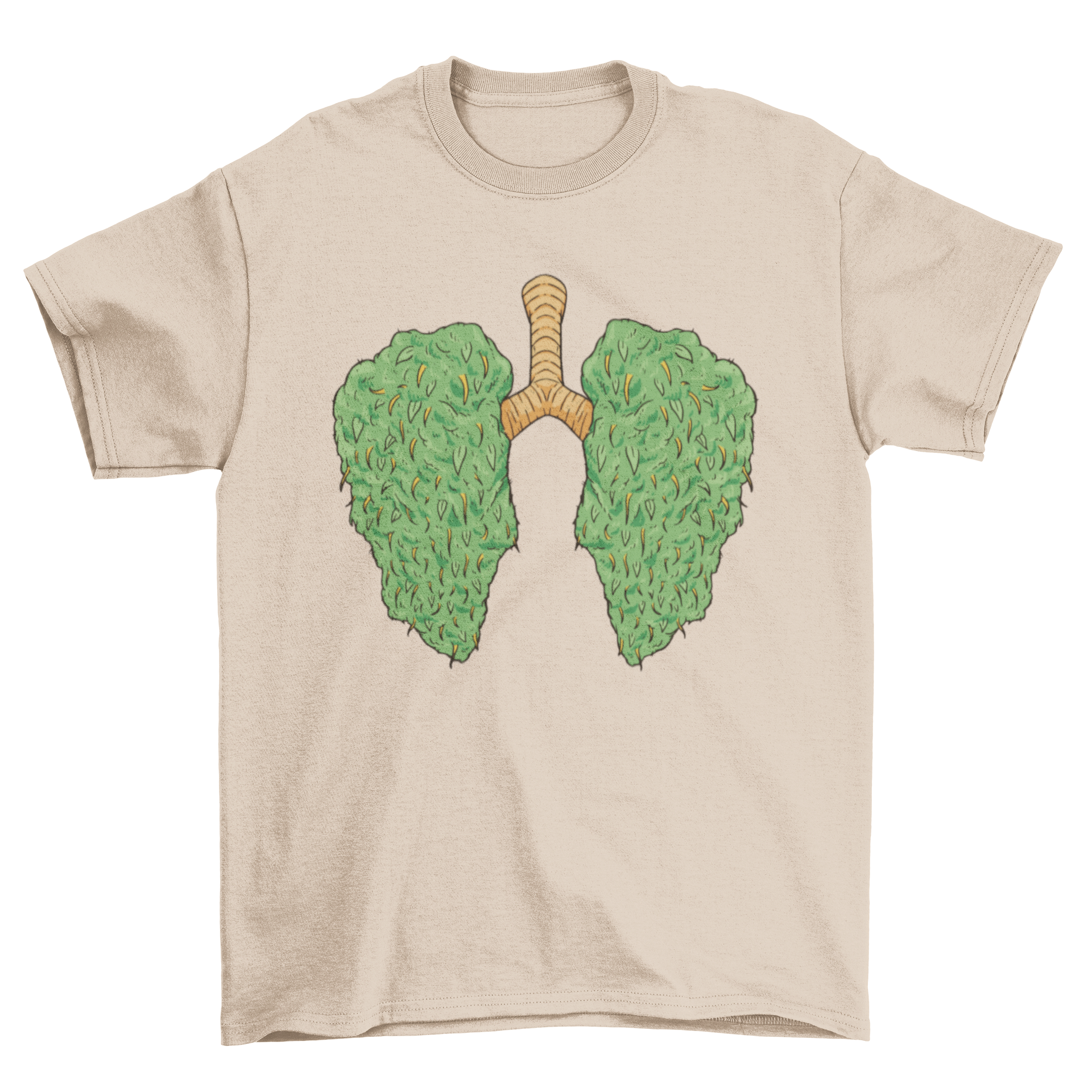 A stylish Cannabis Lungs T-Shirt featuring an artistic illustration of lungs made from cannabis leaves.