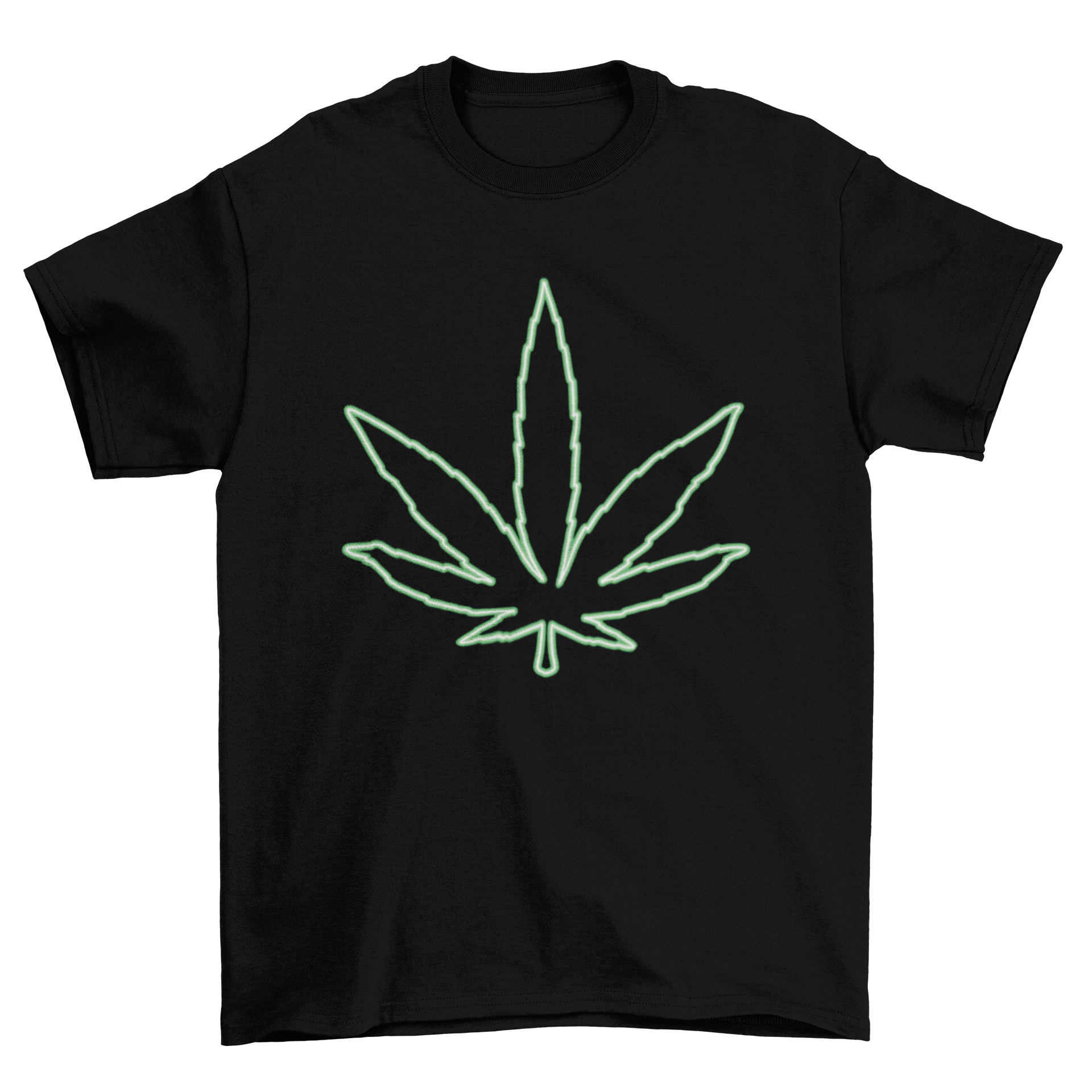 A stylish t-shirt featuring a vibrant neon marihuana leaf design, perfect for cannabis enthusiasts.