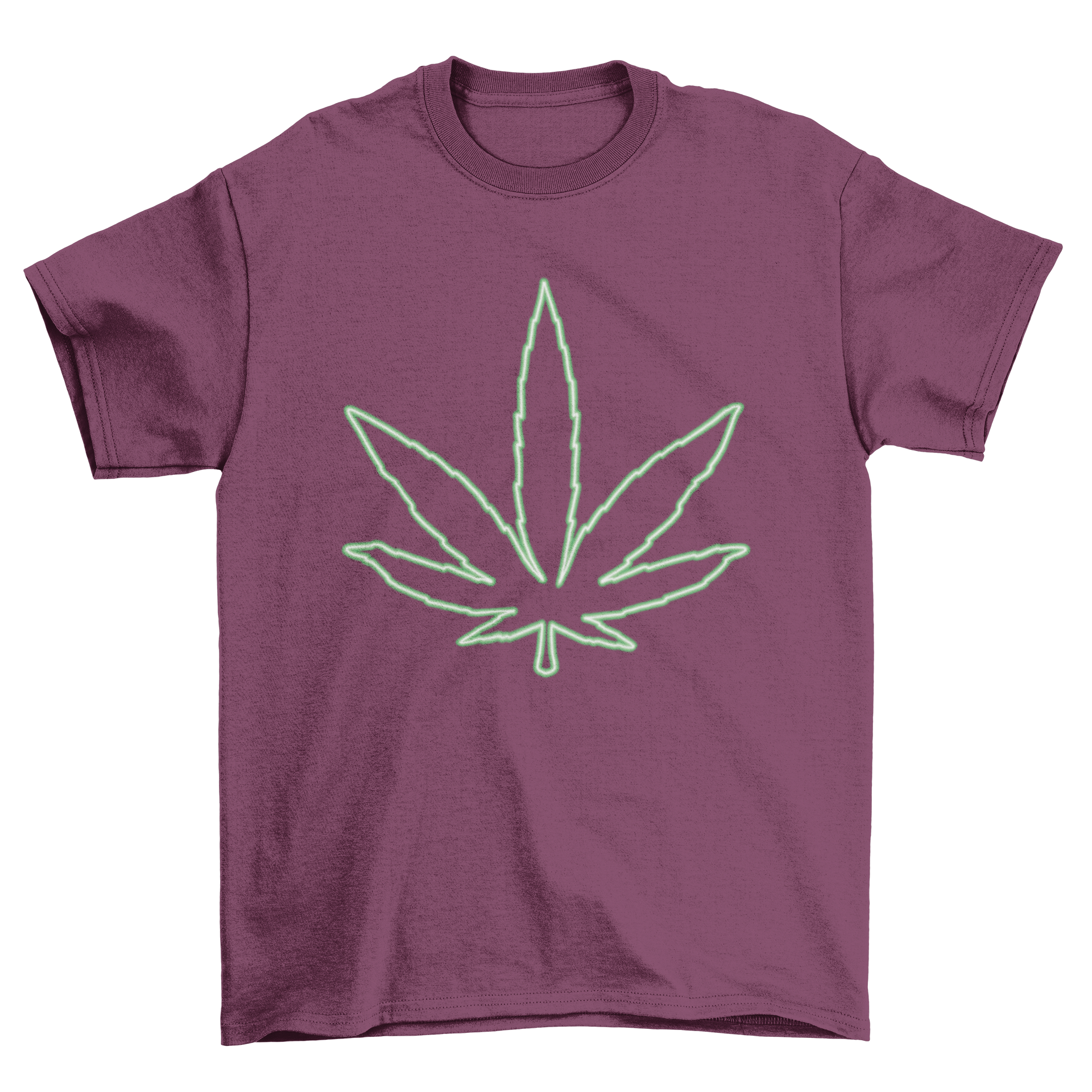 A stylish t-shirt featuring a vibrant neon marihuana leaf design, perfect for cannabis enthusiasts.