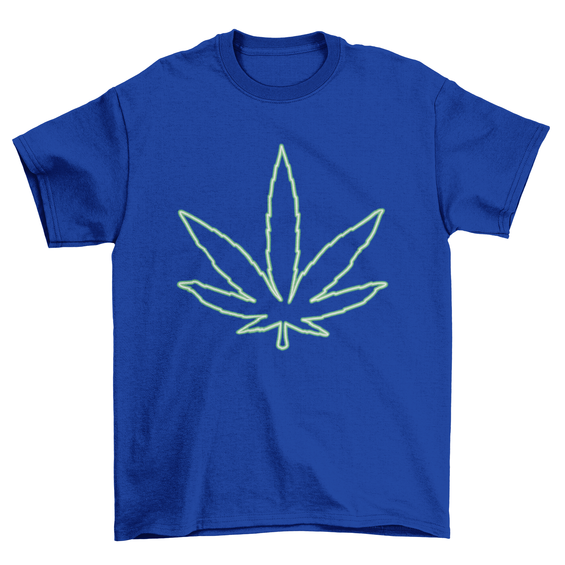 A stylish t-shirt featuring a vibrant neon marihuana leaf design, perfect for cannabis enthusiasts.