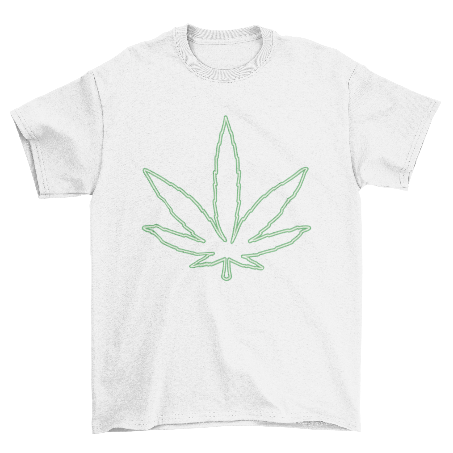 A stylish t-shirt featuring a vibrant neon marihuana leaf design, perfect for cannabis enthusiasts.