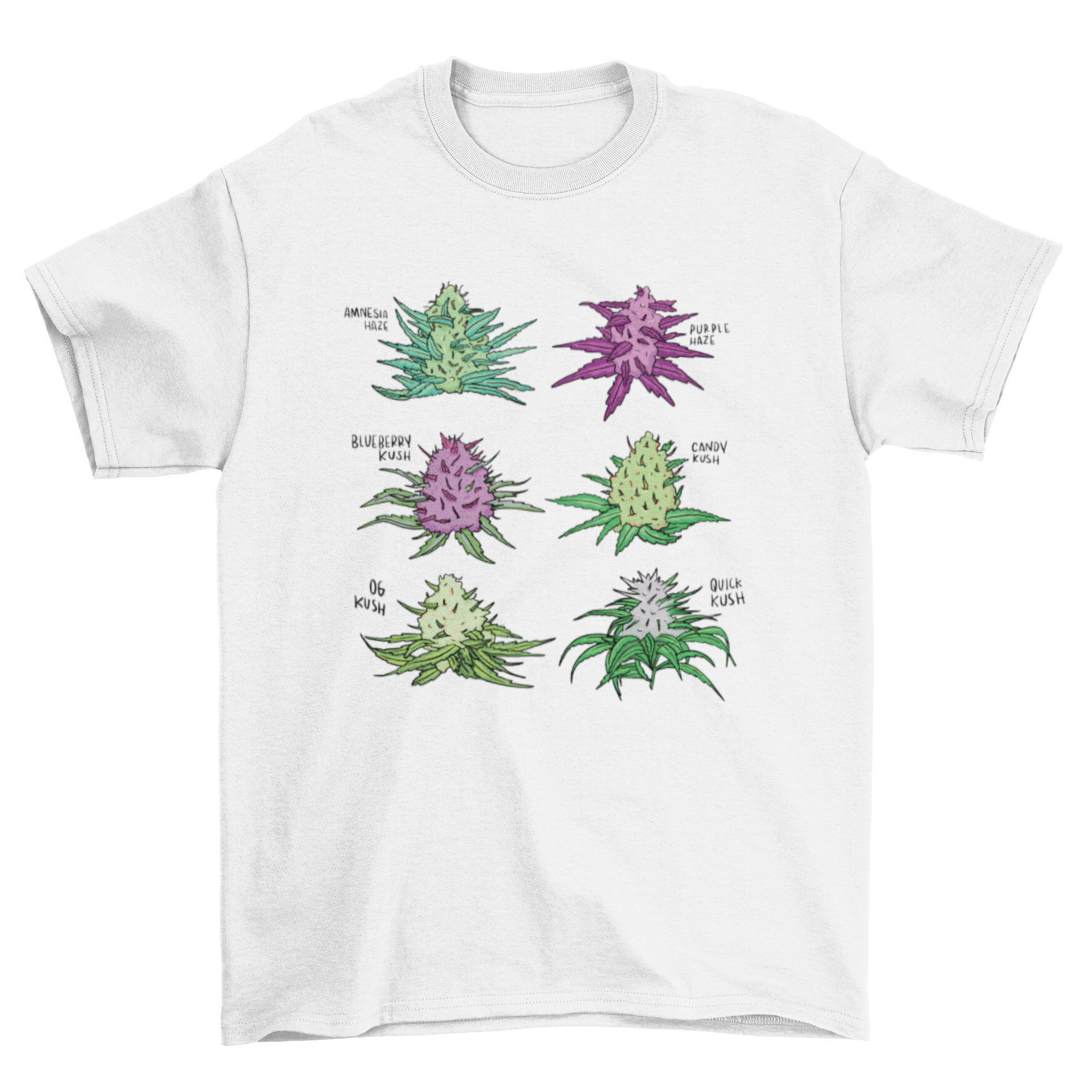 A stylish t-shirt featuring six colorful cannabis strain flowers, perfect for cannabis enthusiasts.