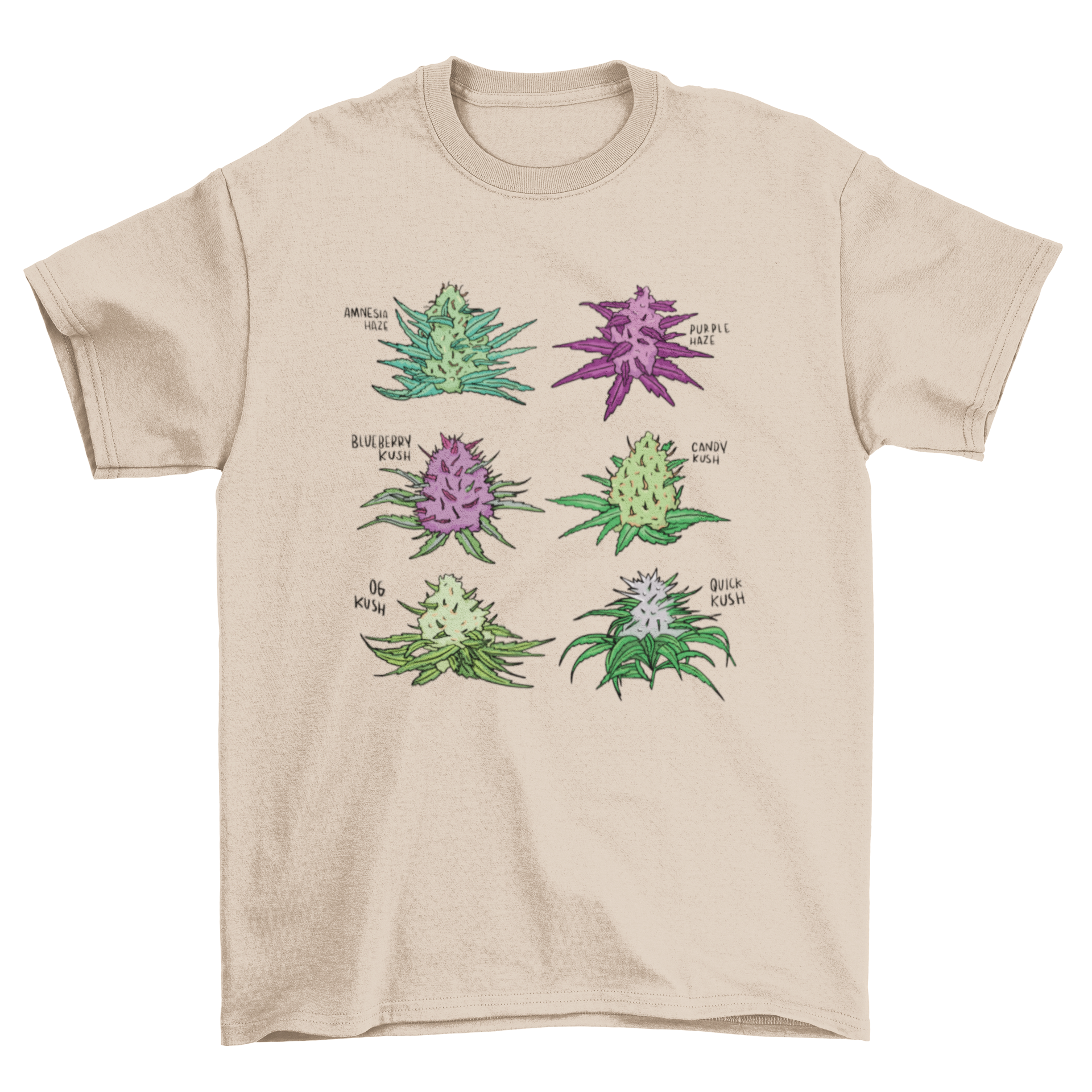 A stylish t-shirt featuring six colorful cannabis strain flowers, perfect for cannabis enthusiasts.