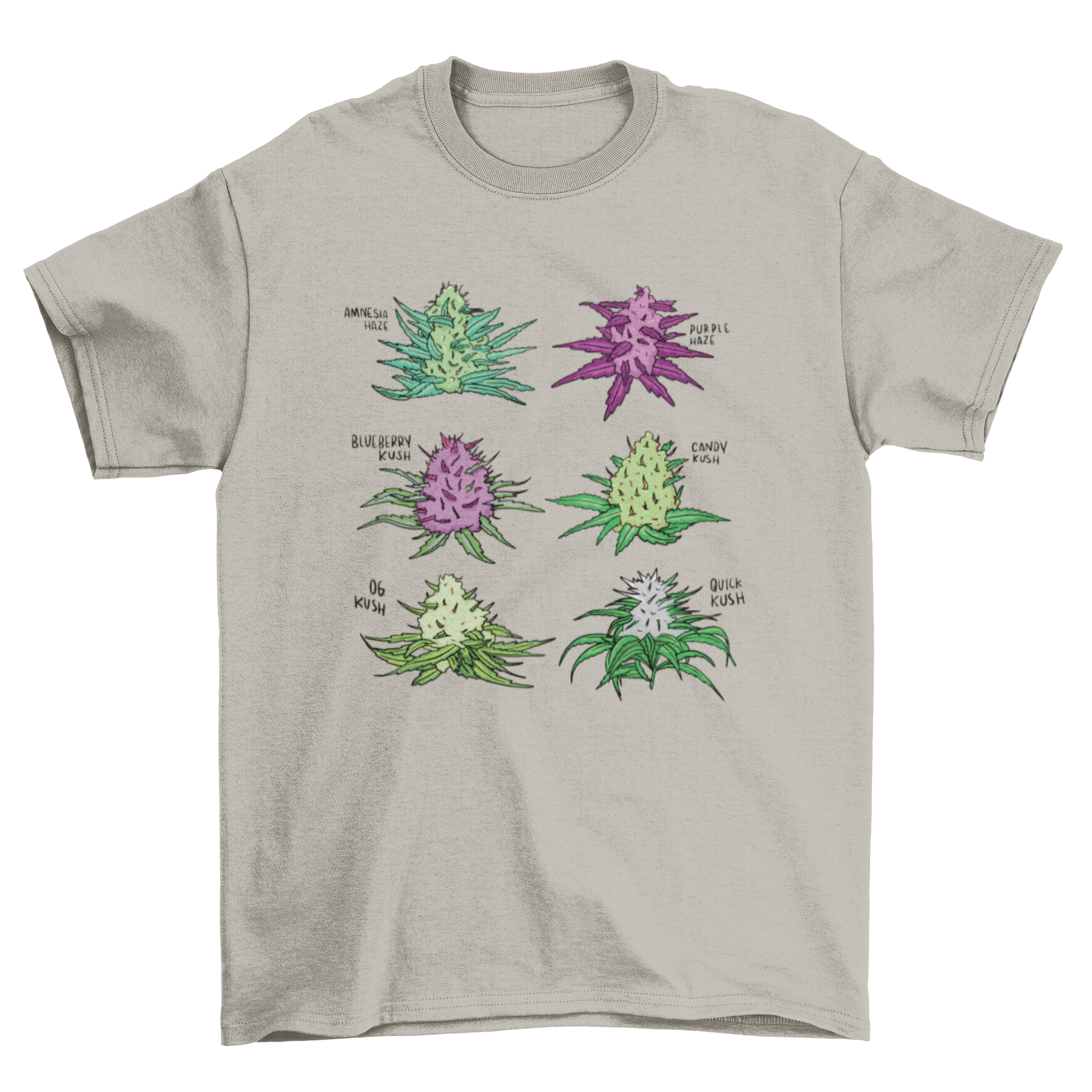 A stylish t-shirt featuring six colorful cannabis strain flowers, perfect for cannabis enthusiasts.