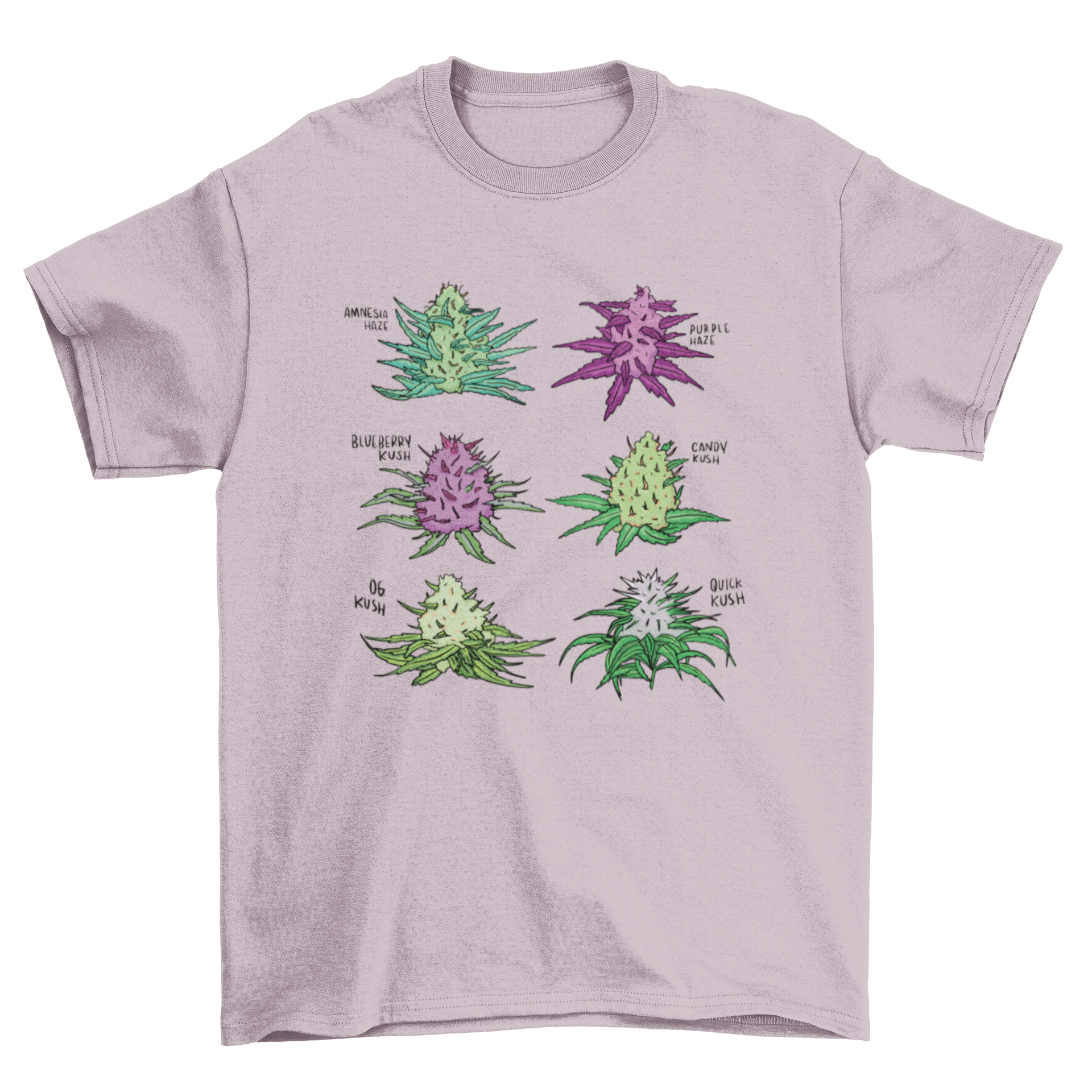 A stylish t-shirt featuring six colorful cannabis strain flowers, perfect for cannabis enthusiasts.