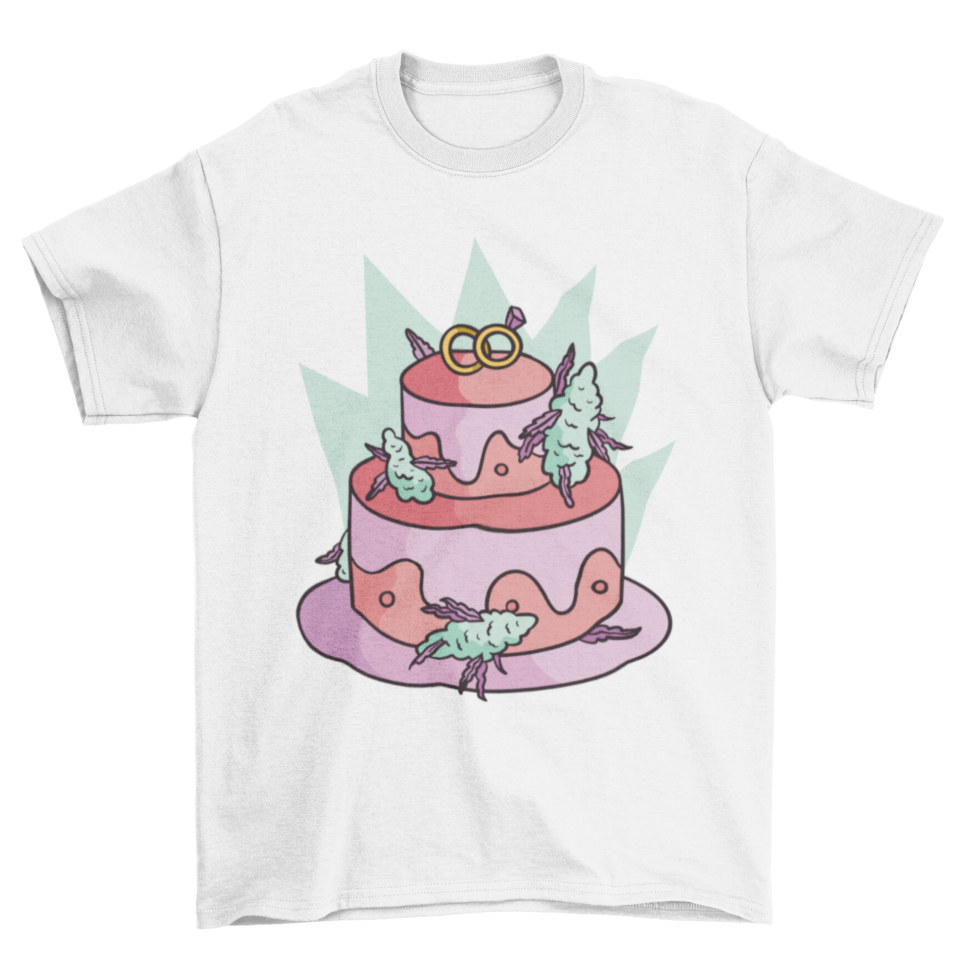 A stylish Cannabis Wedding Cake T-Shirt featuring a wedding cake design with cannabis decorations, perfect for cannabis lovers.