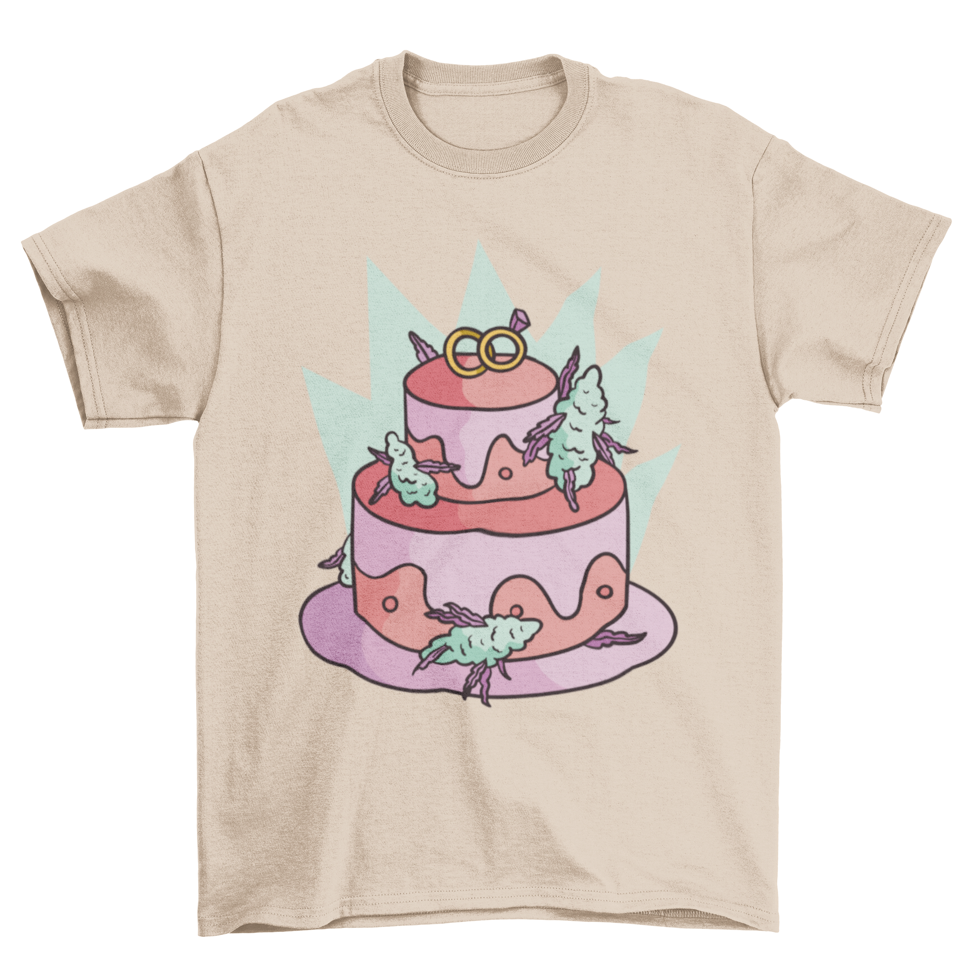 A stylish Cannabis Wedding Cake T-Shirt featuring a wedding cake design with cannabis decorations, perfect for cannabis lovers.