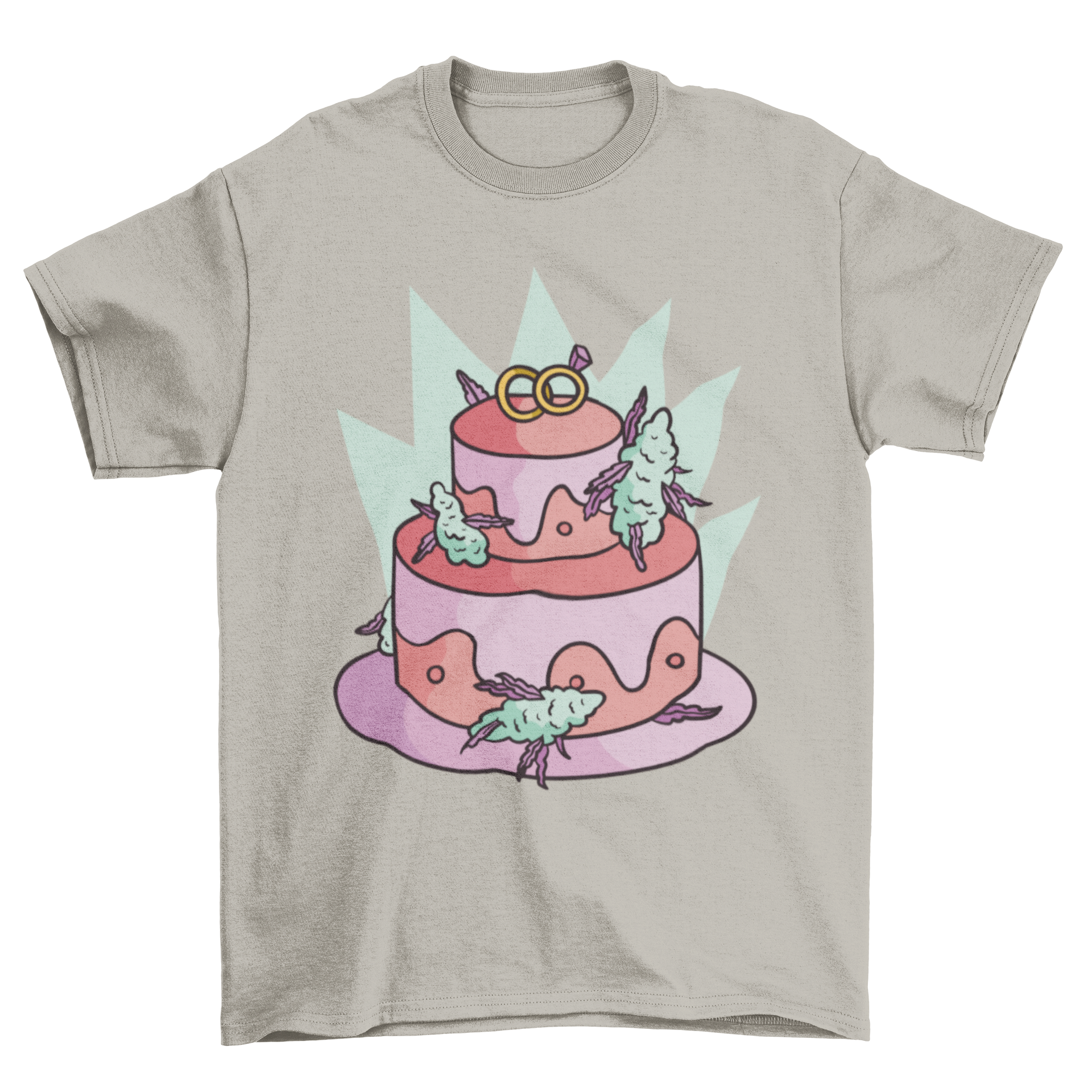 A stylish Cannabis Wedding Cake T-Shirt featuring a wedding cake design with cannabis decorations, perfect for cannabis lovers.