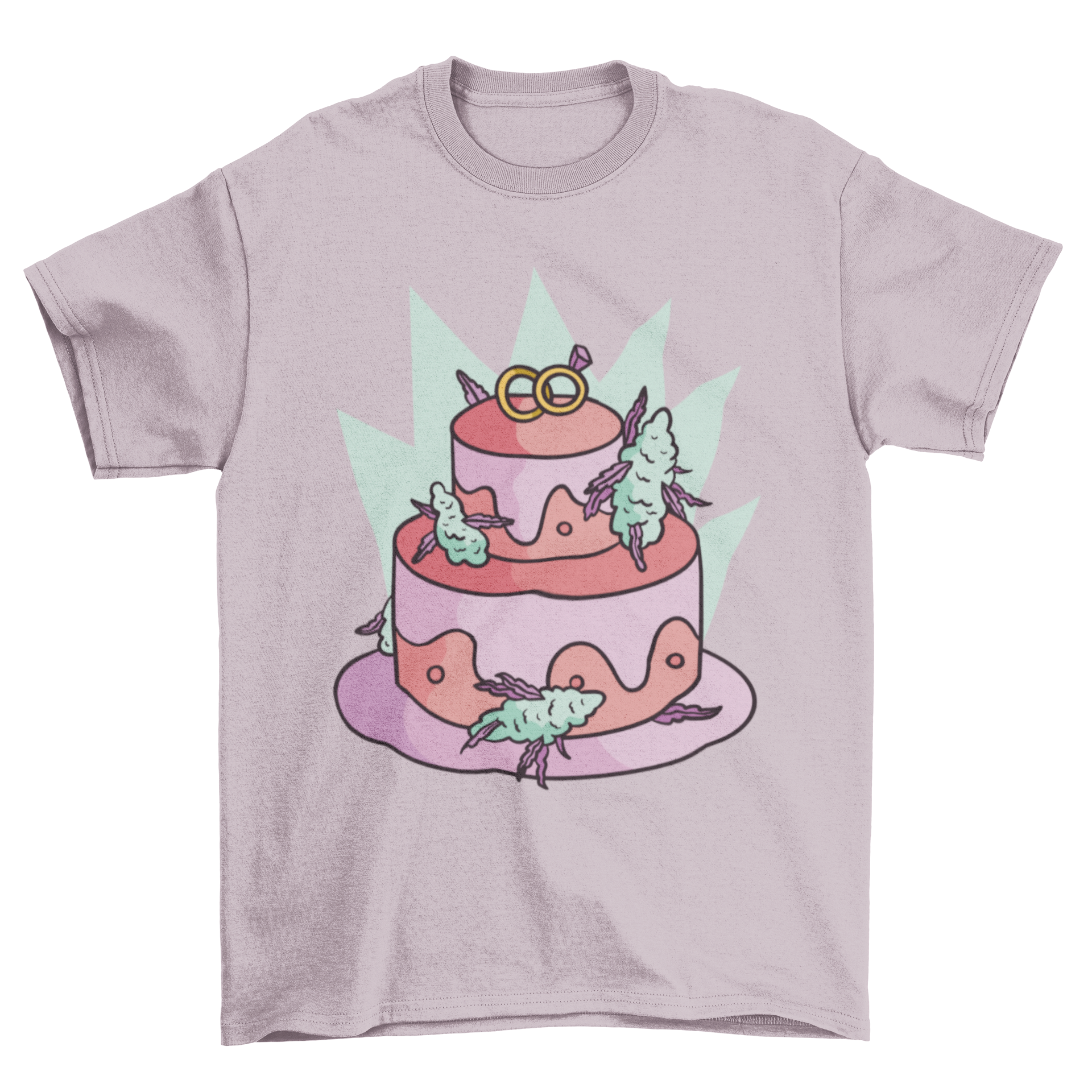 A stylish Cannabis Wedding Cake T-Shirt featuring a wedding cake design with cannabis decorations, perfect for cannabis lovers.