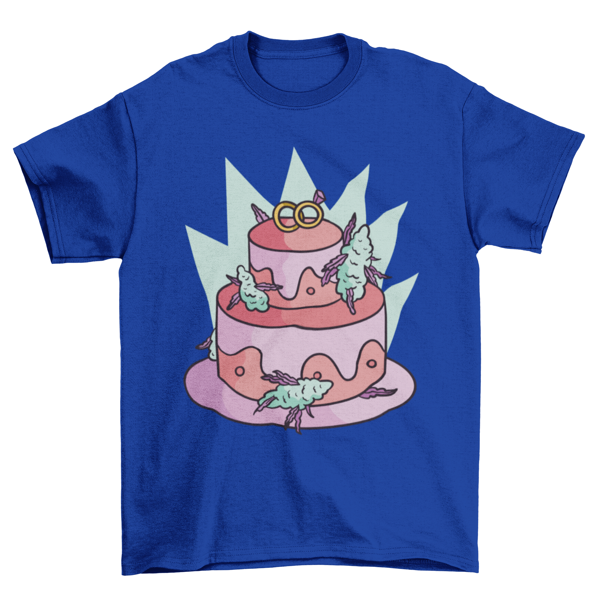 A stylish Cannabis Wedding Cake T-Shirt featuring a wedding cake design with cannabis decorations, perfect for cannabis lovers.