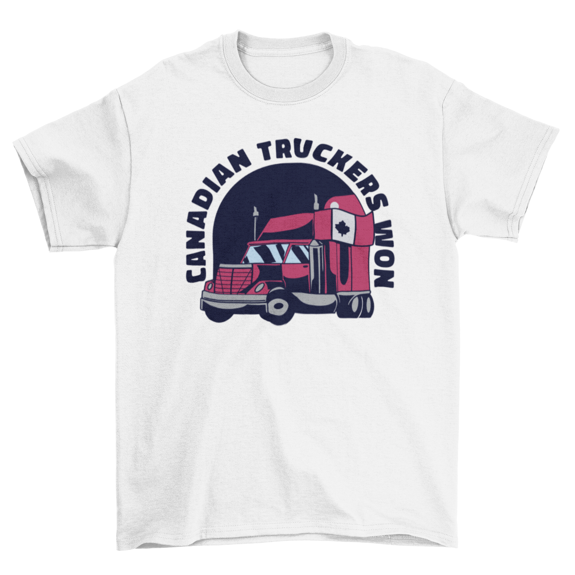 A stylish Canadian truckers t-shirt featuring a vibrant red truck and the quote 'Canadian truckers won'.