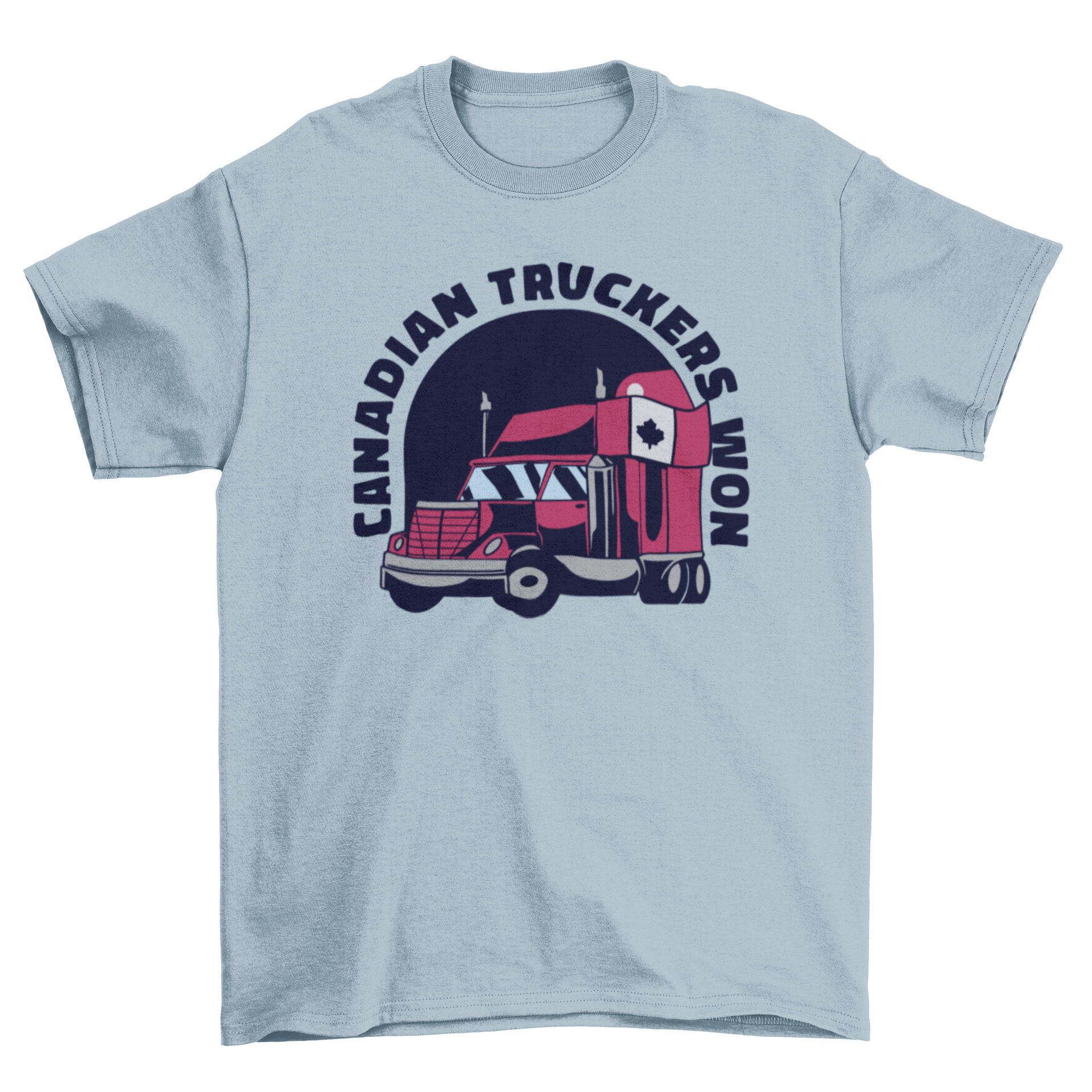 A stylish Canadian truckers t-shirt featuring a vibrant red truck and the quote 'Canadian truckers won'.