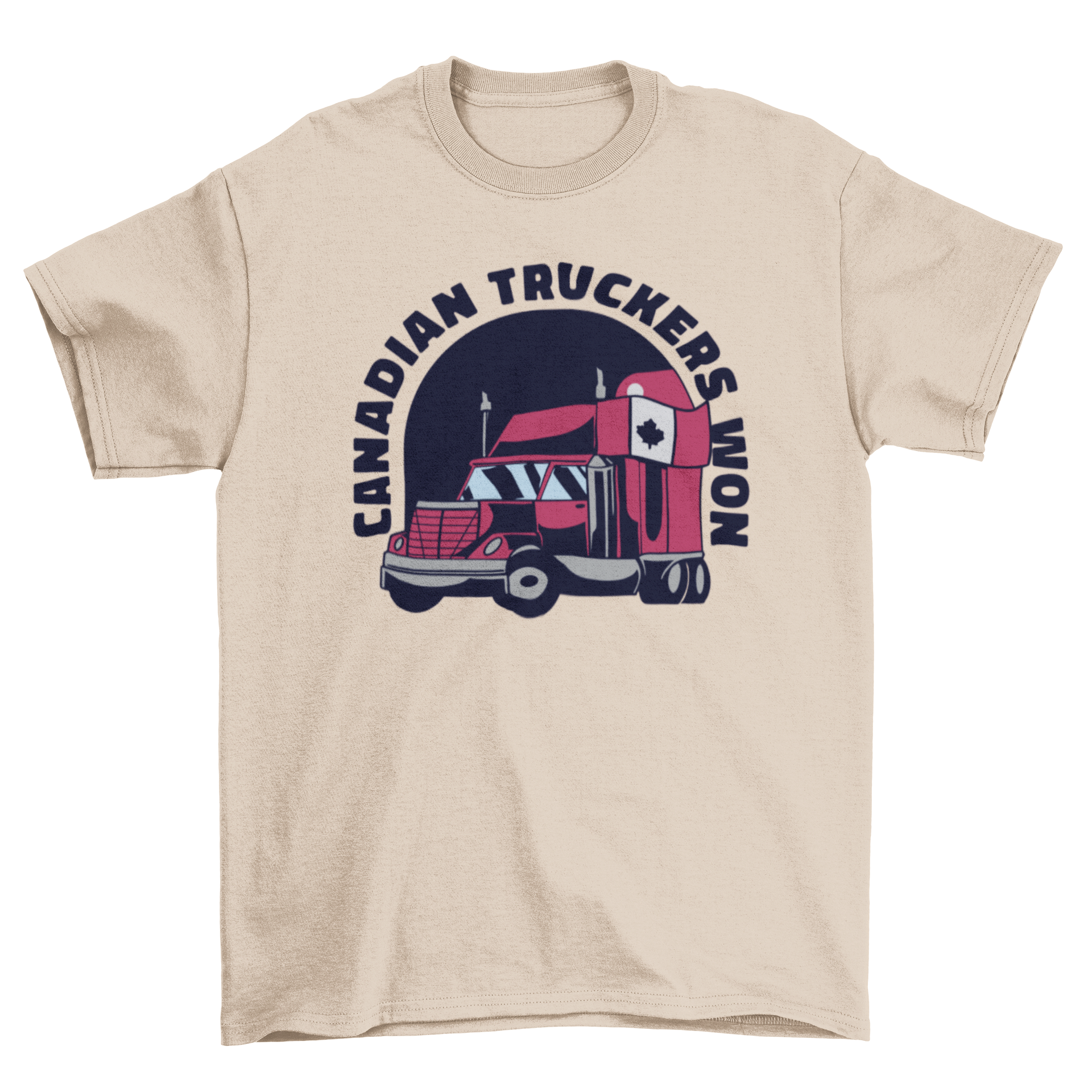 A stylish Canadian truckers t-shirt featuring a vibrant red truck and the quote 'Canadian truckers won'.