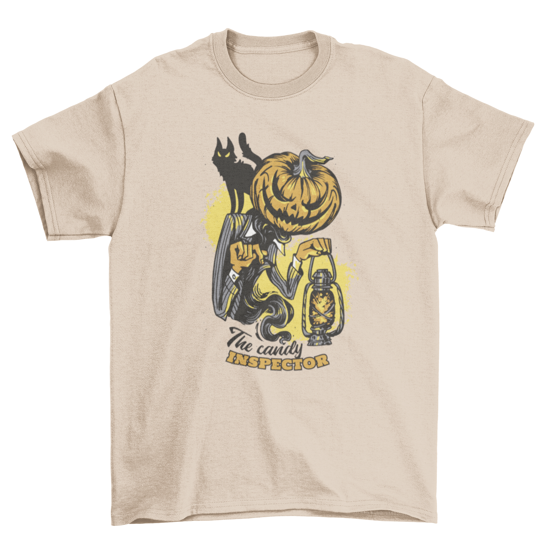 A creepy pumpkin t-shirt featuring the quote 'The candy inspector', perfect for Halloween celebrations.