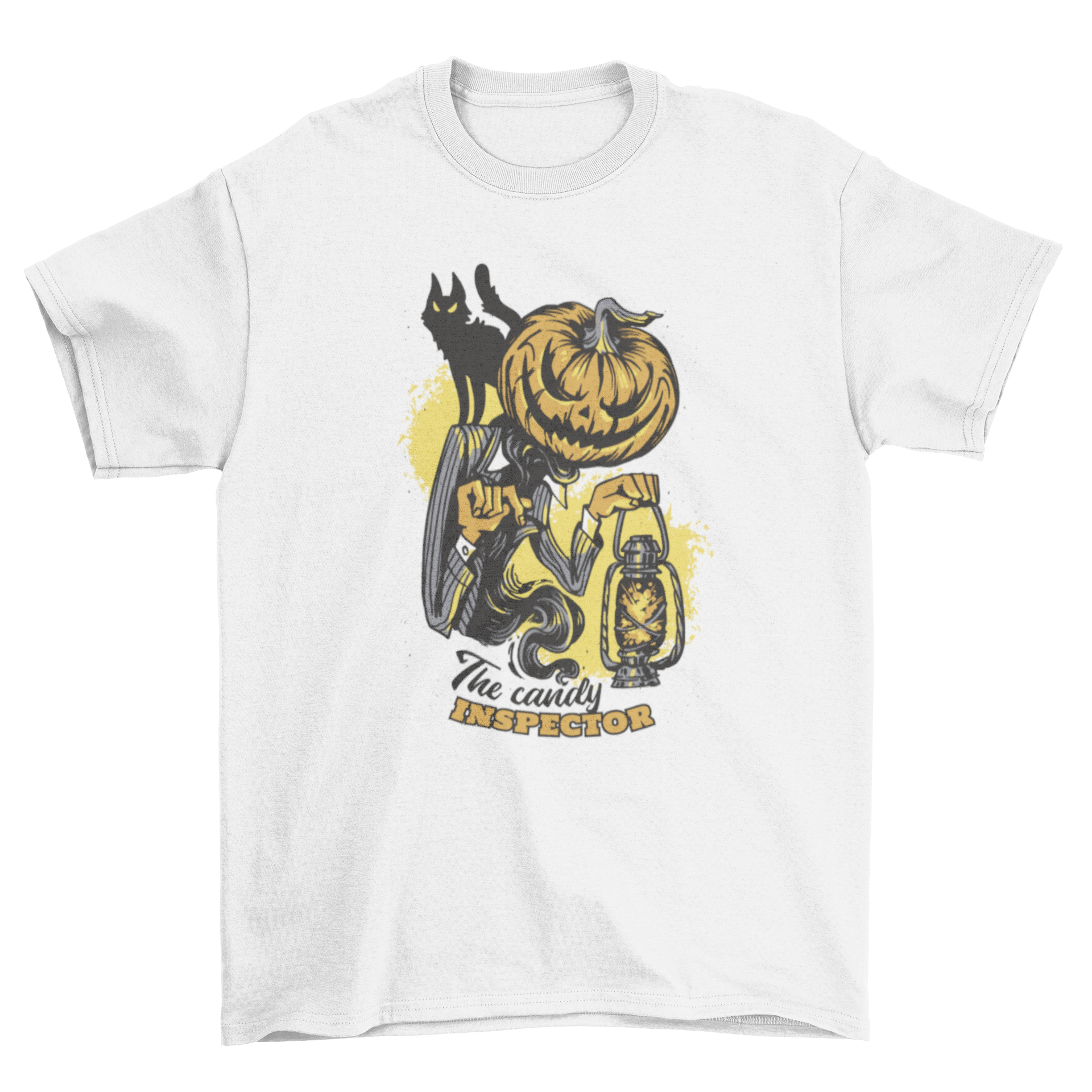 A creepy pumpkin t-shirt featuring the quote 'The candy inspector', perfect for Halloween celebrations.