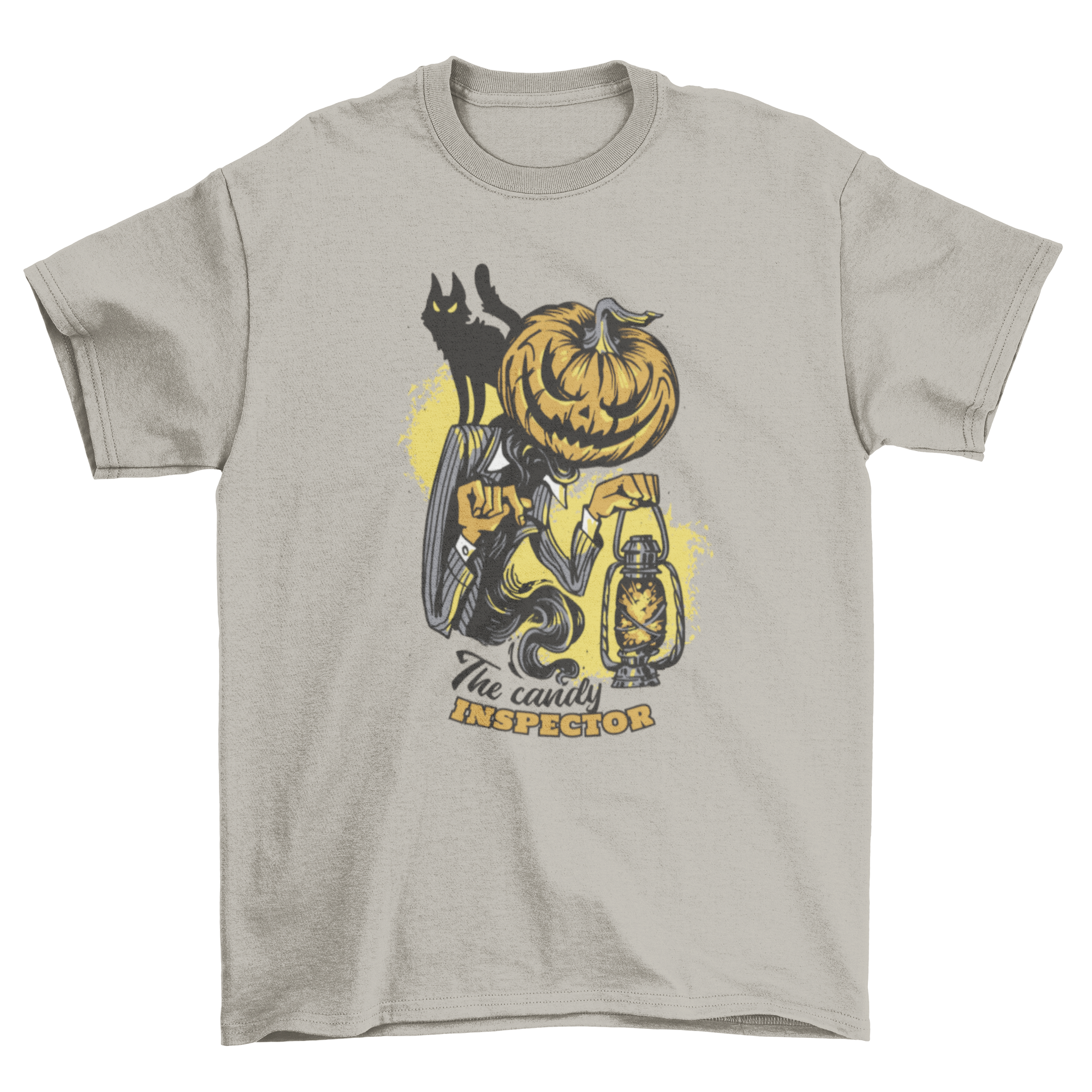 A creepy pumpkin t-shirt featuring the quote 'The candy inspector', perfect for Halloween celebrations.