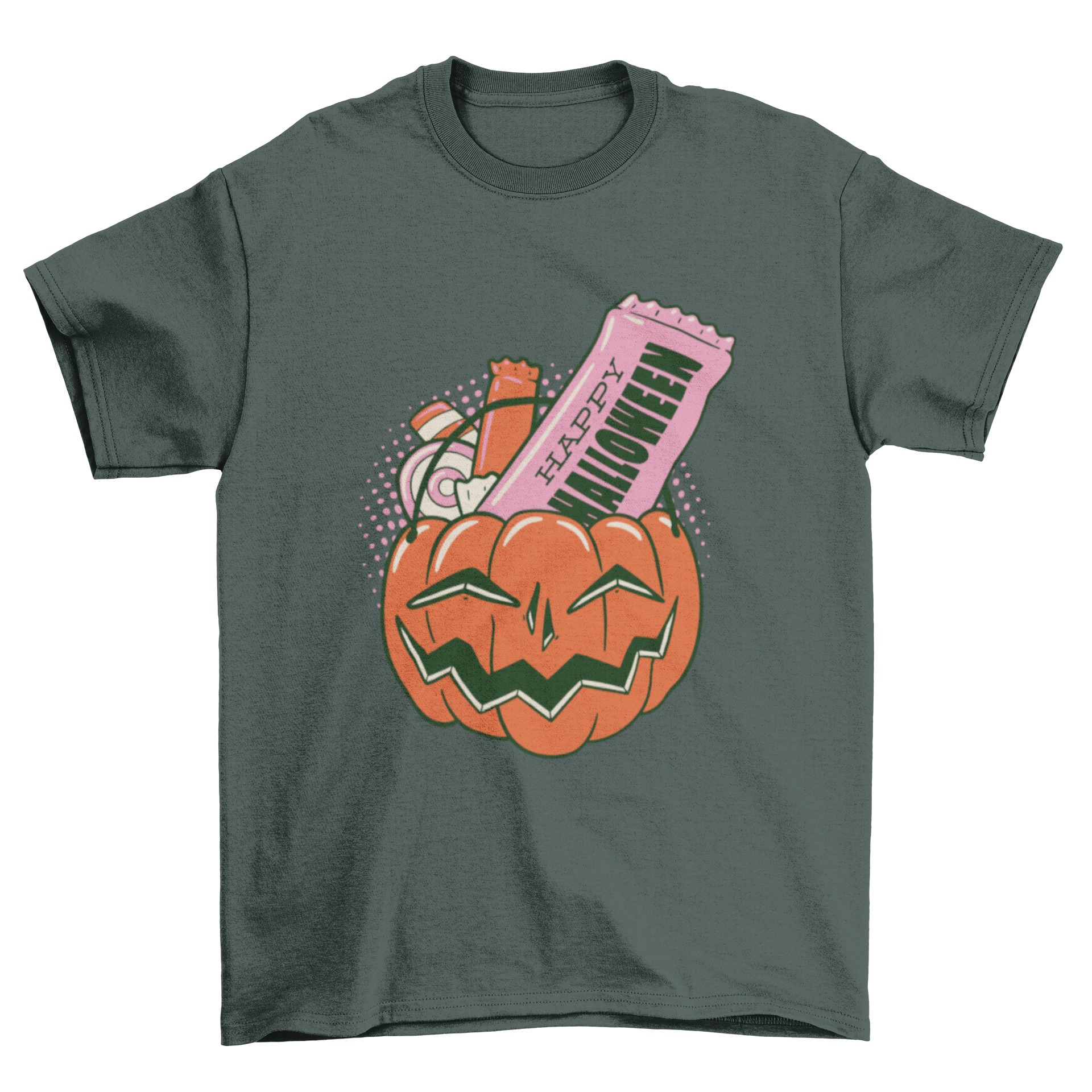 A colorful t-shirt featuring a pumpkin filled with assorted candies, perfect for Halloween.