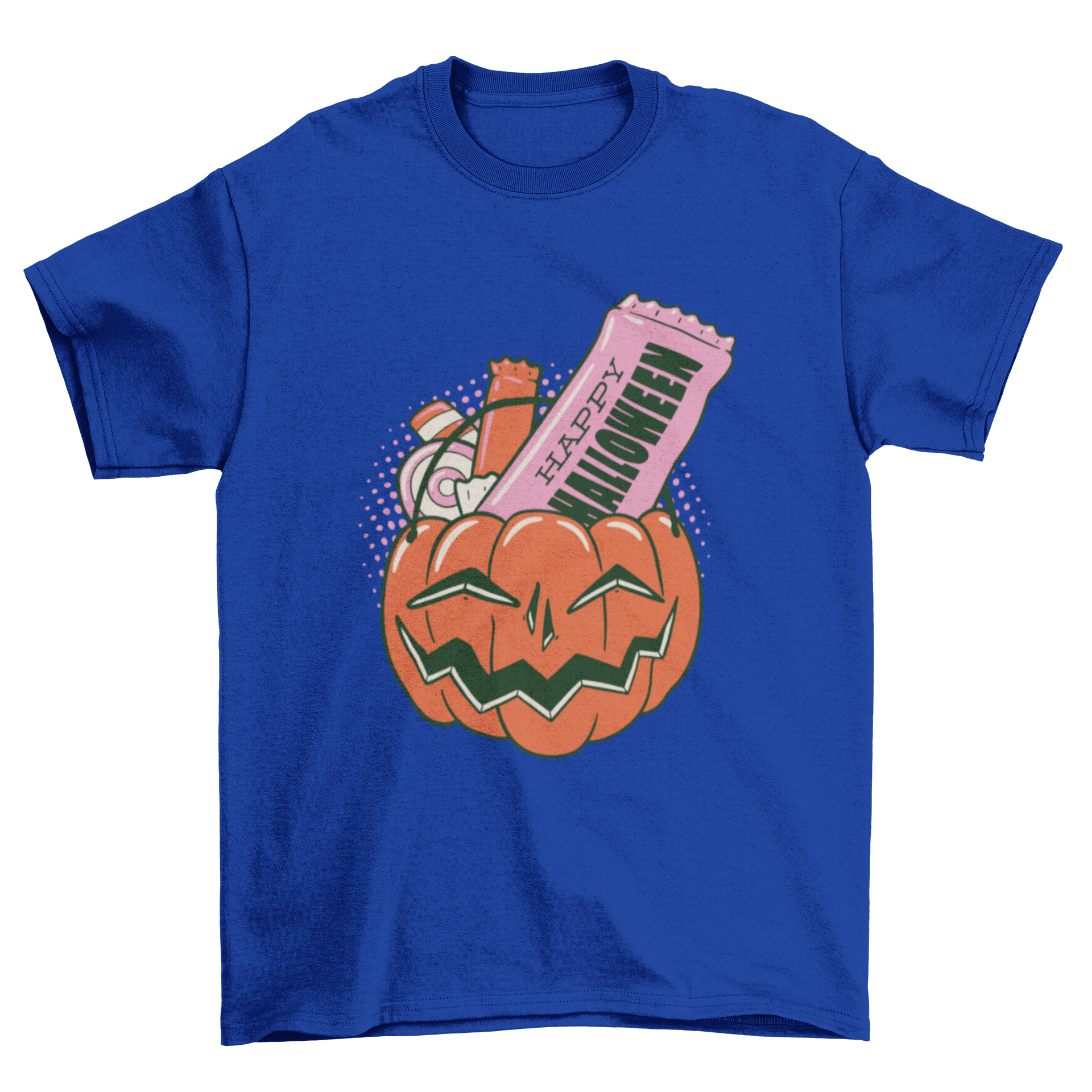 A colorful t-shirt featuring a pumpkin filled with assorted candies, perfect for Halloween.