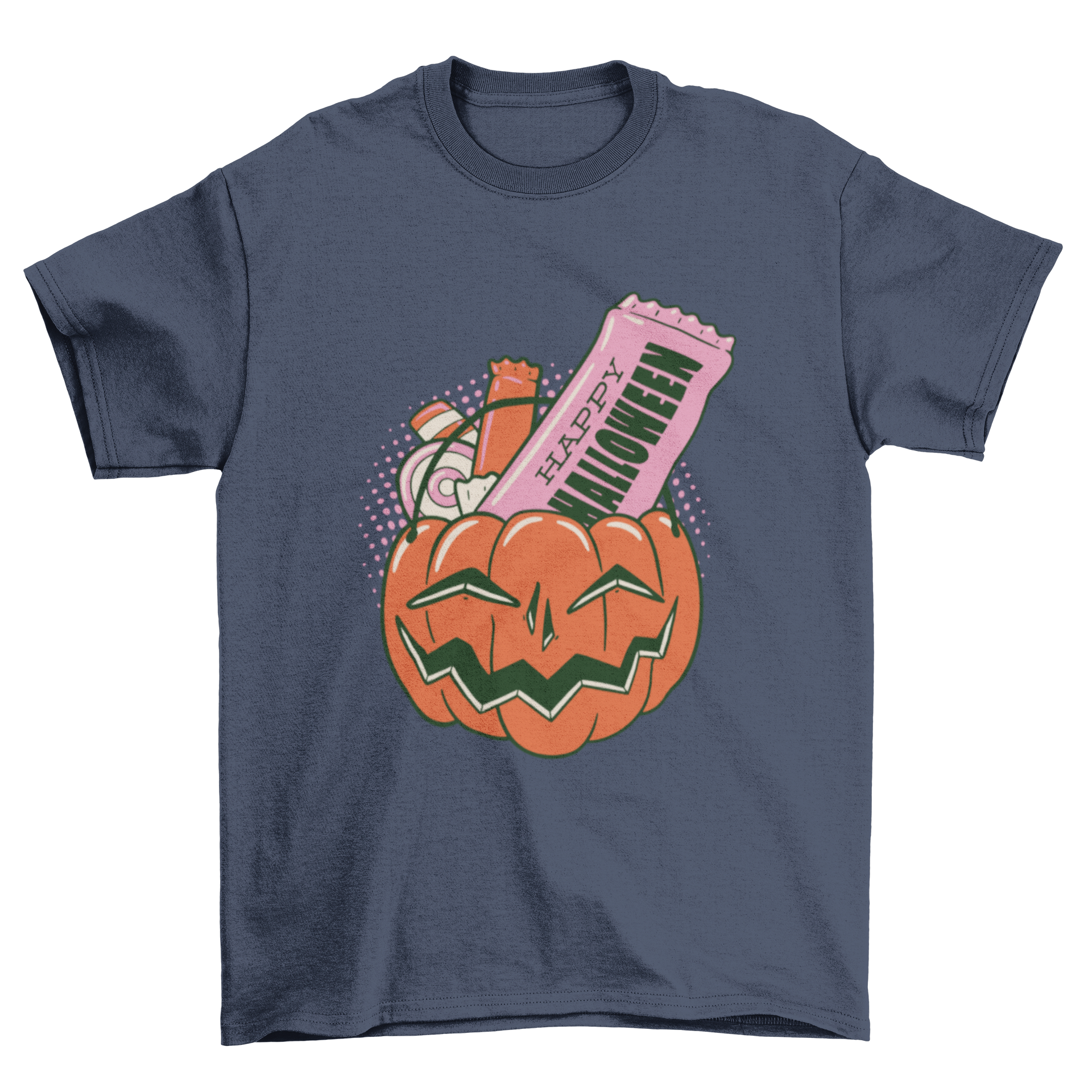 A colorful t-shirt featuring a pumpkin filled with assorted candies, perfect for Halloween.