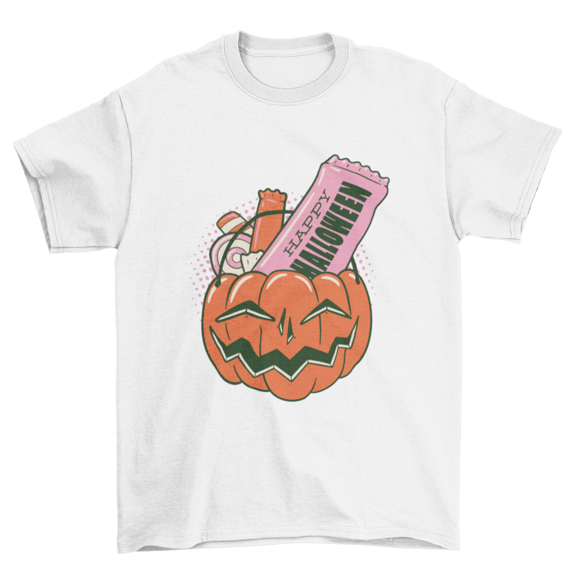 A colorful t-shirt featuring a pumpkin filled with assorted candies, perfect for Halloween.