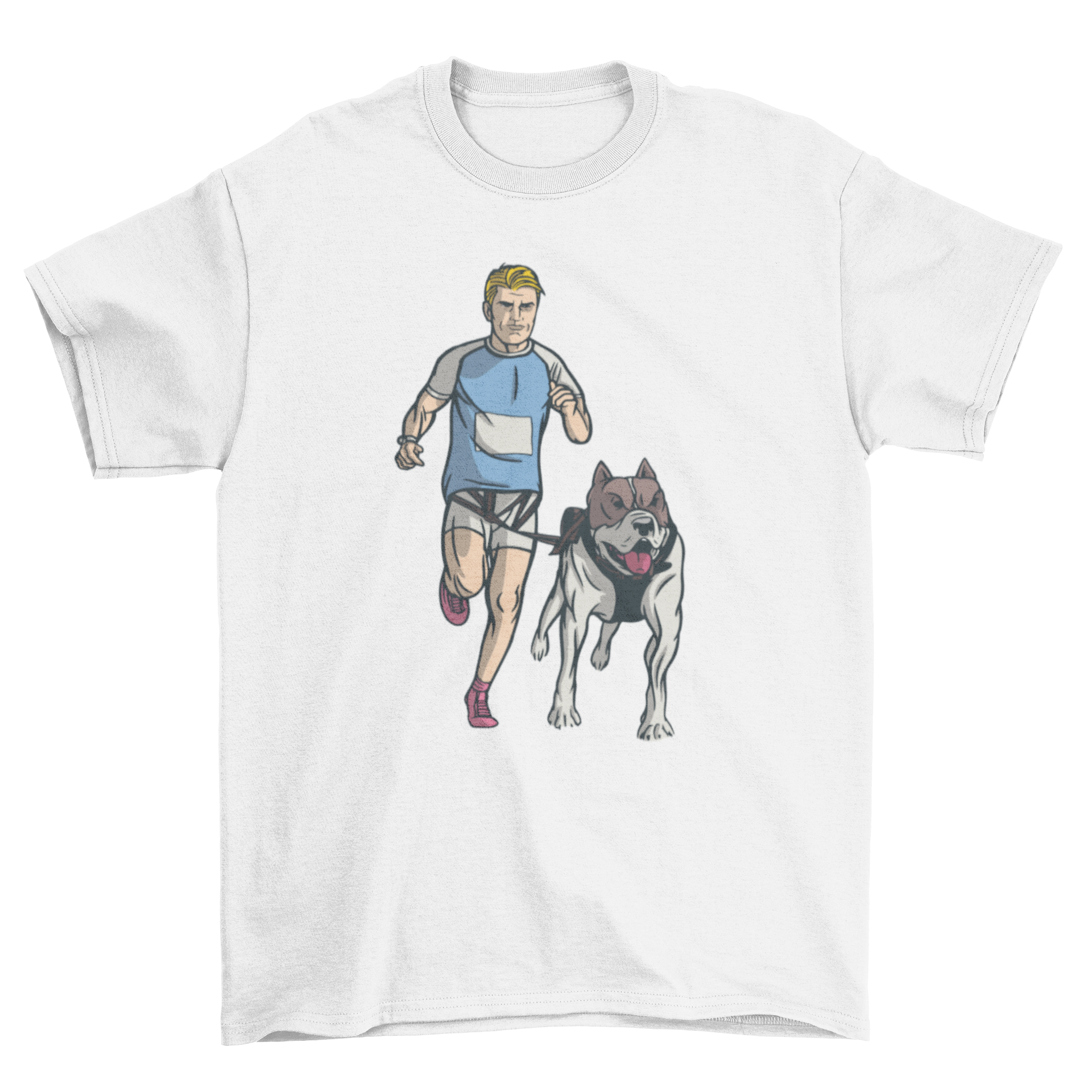 Canicross t-shirt featuring a man running with his dog, showcasing an active lifestyle.