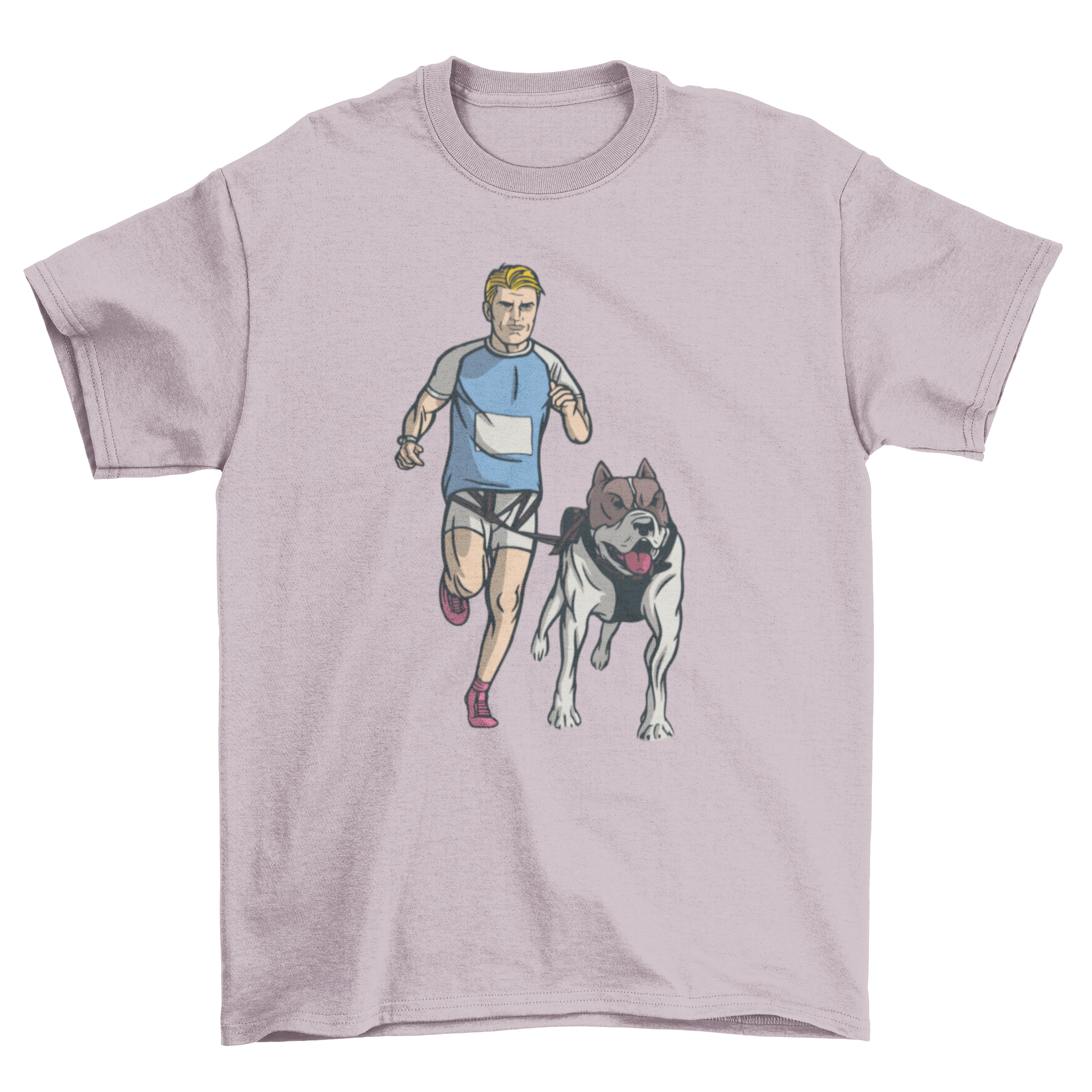 Canicross t-shirt featuring a man running with his dog, showcasing an active lifestyle.