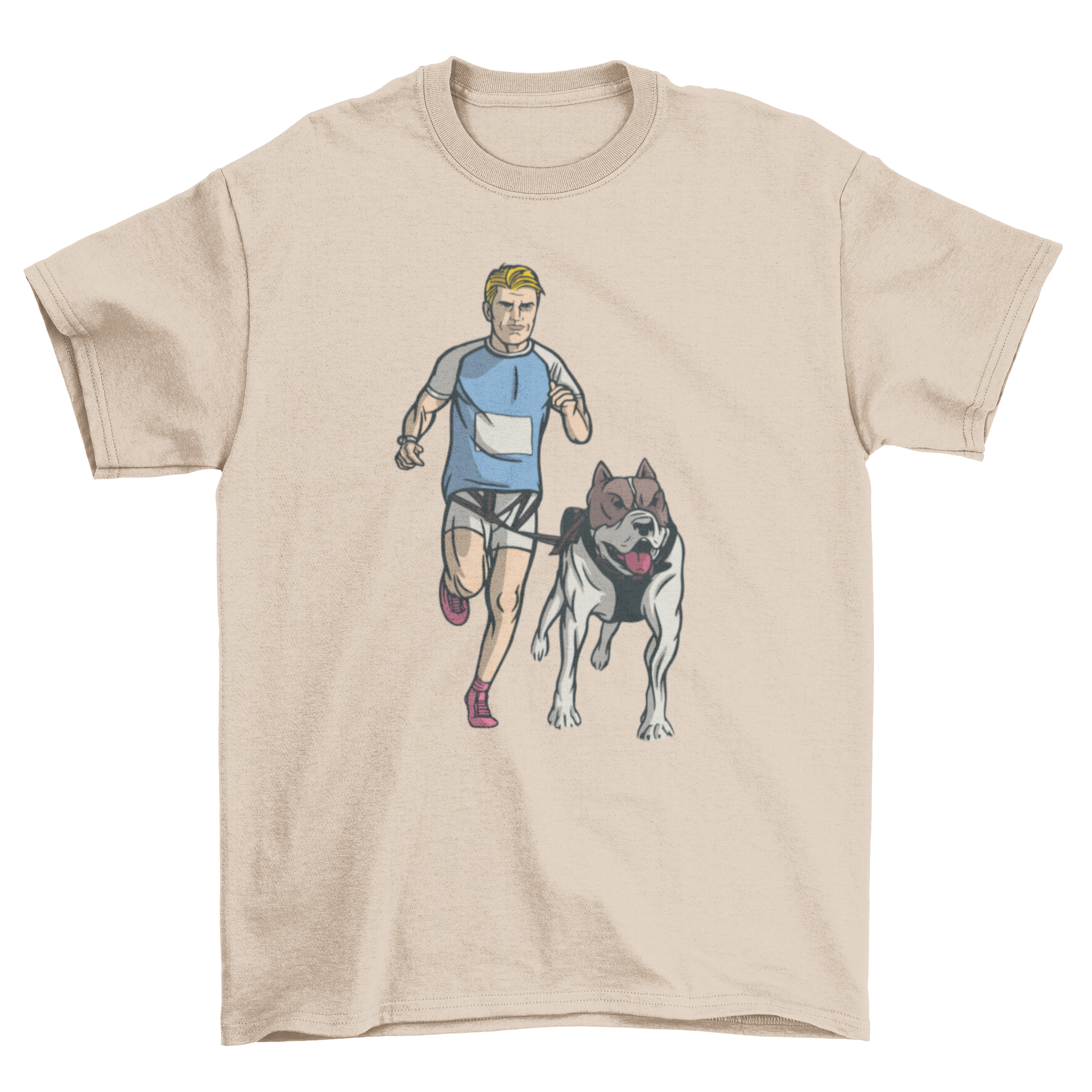 Canicross t-shirt featuring a man running with his dog, showcasing an active lifestyle.