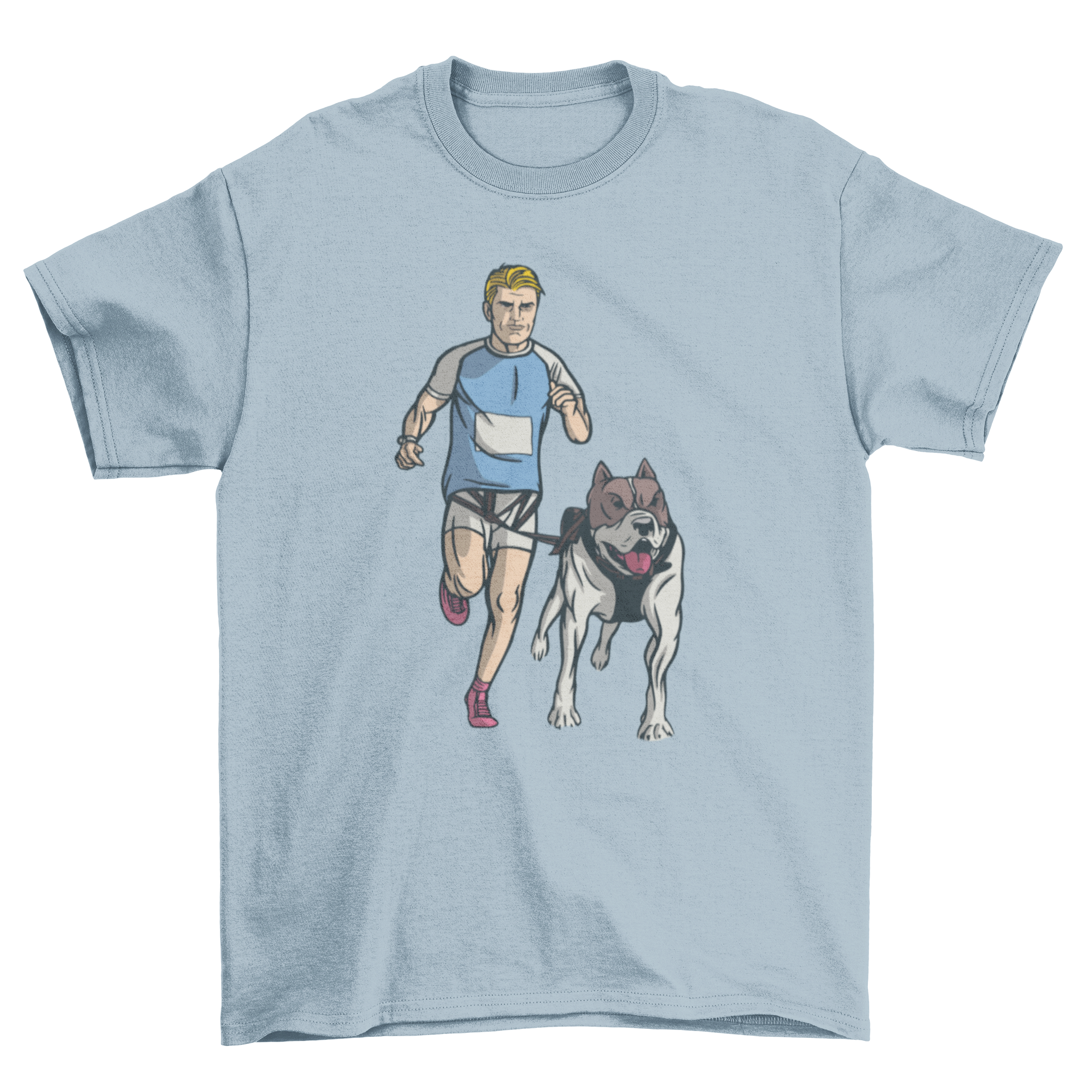 Canicross t-shirt featuring a man running with his dog, showcasing an active lifestyle.