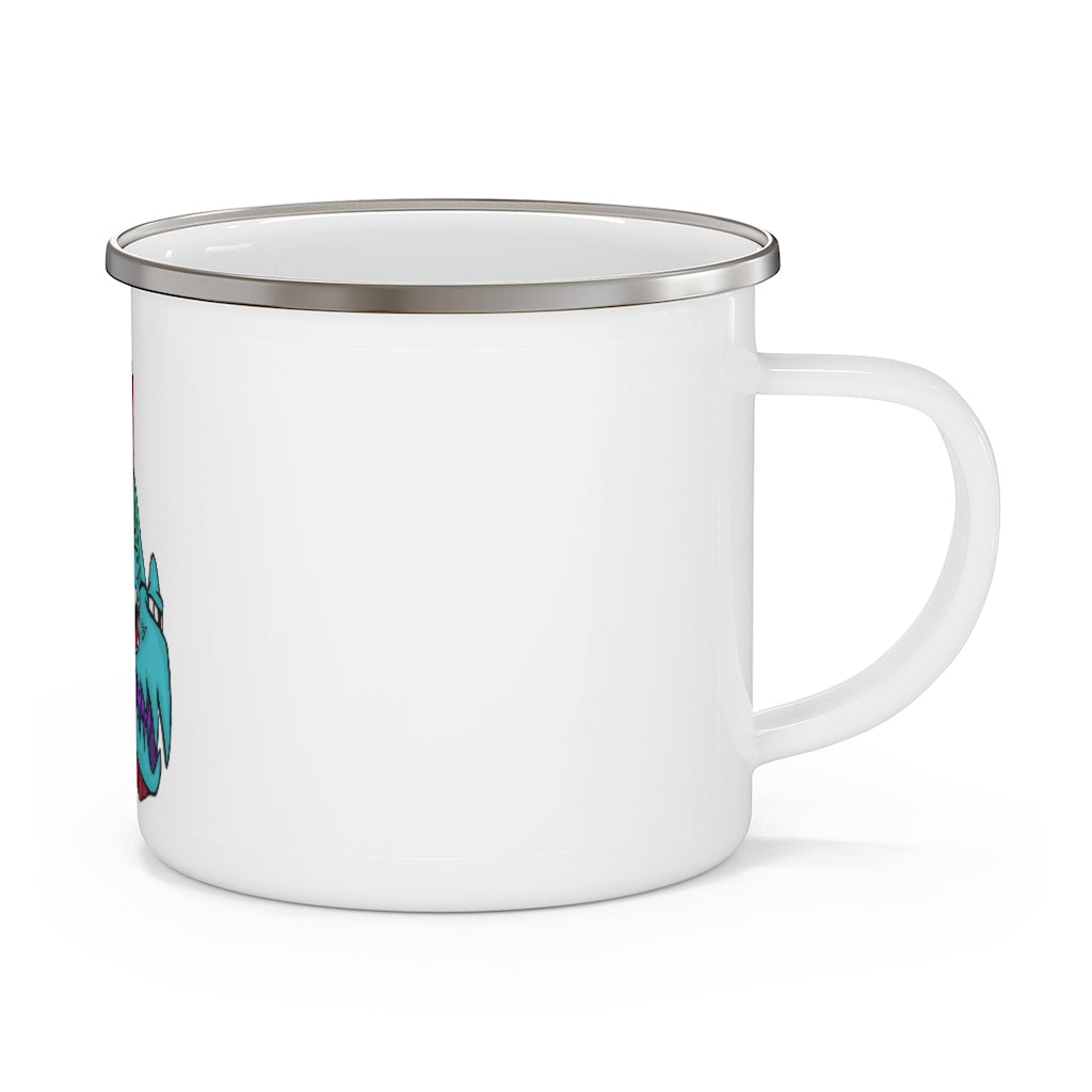 Cannip Enamel Camping Mug in a natural outdoor setting, showcasing its durable design and personalized printing options.