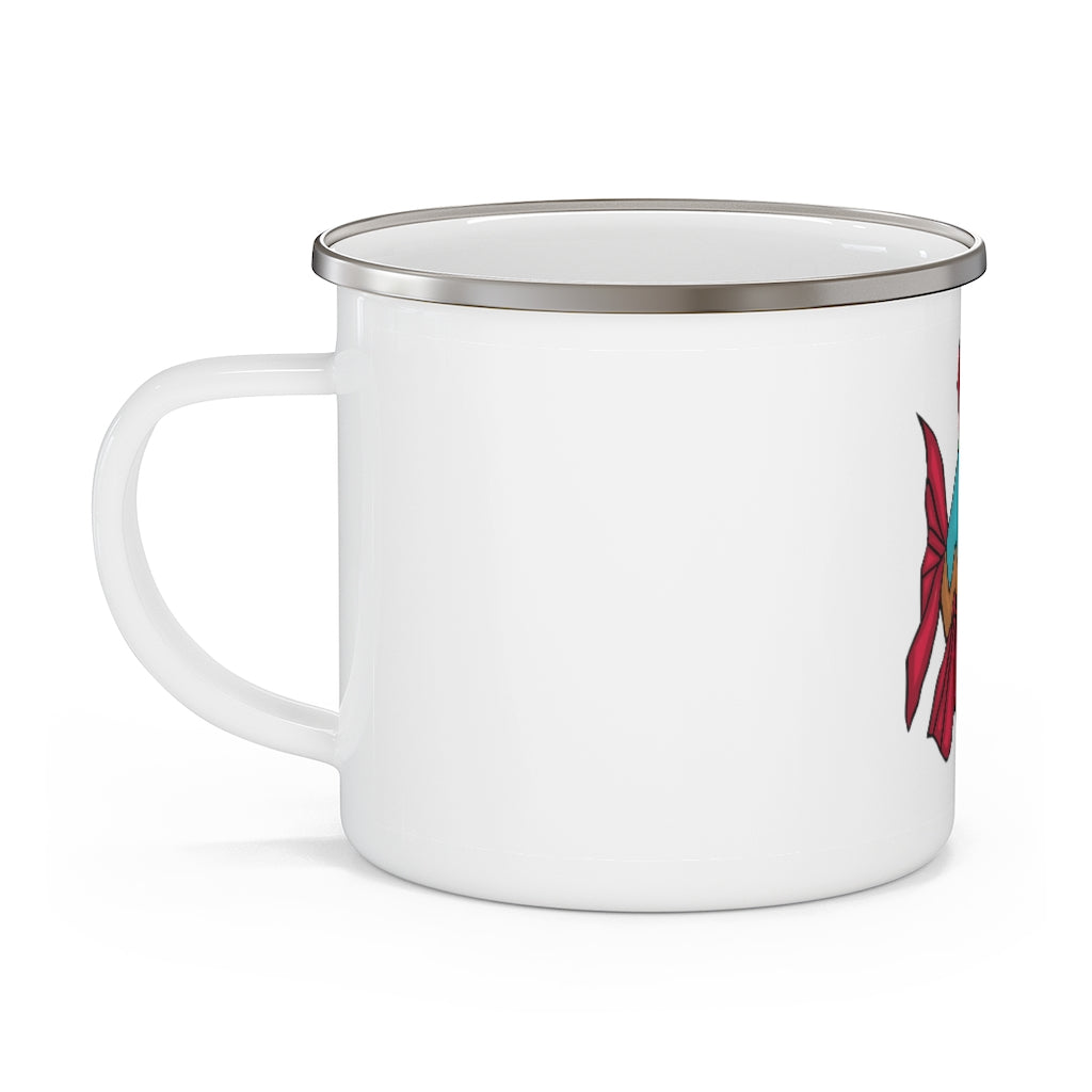 Cannip Enamel Camping Mug in a natural outdoor setting, showcasing its durable design and personalized printing options.