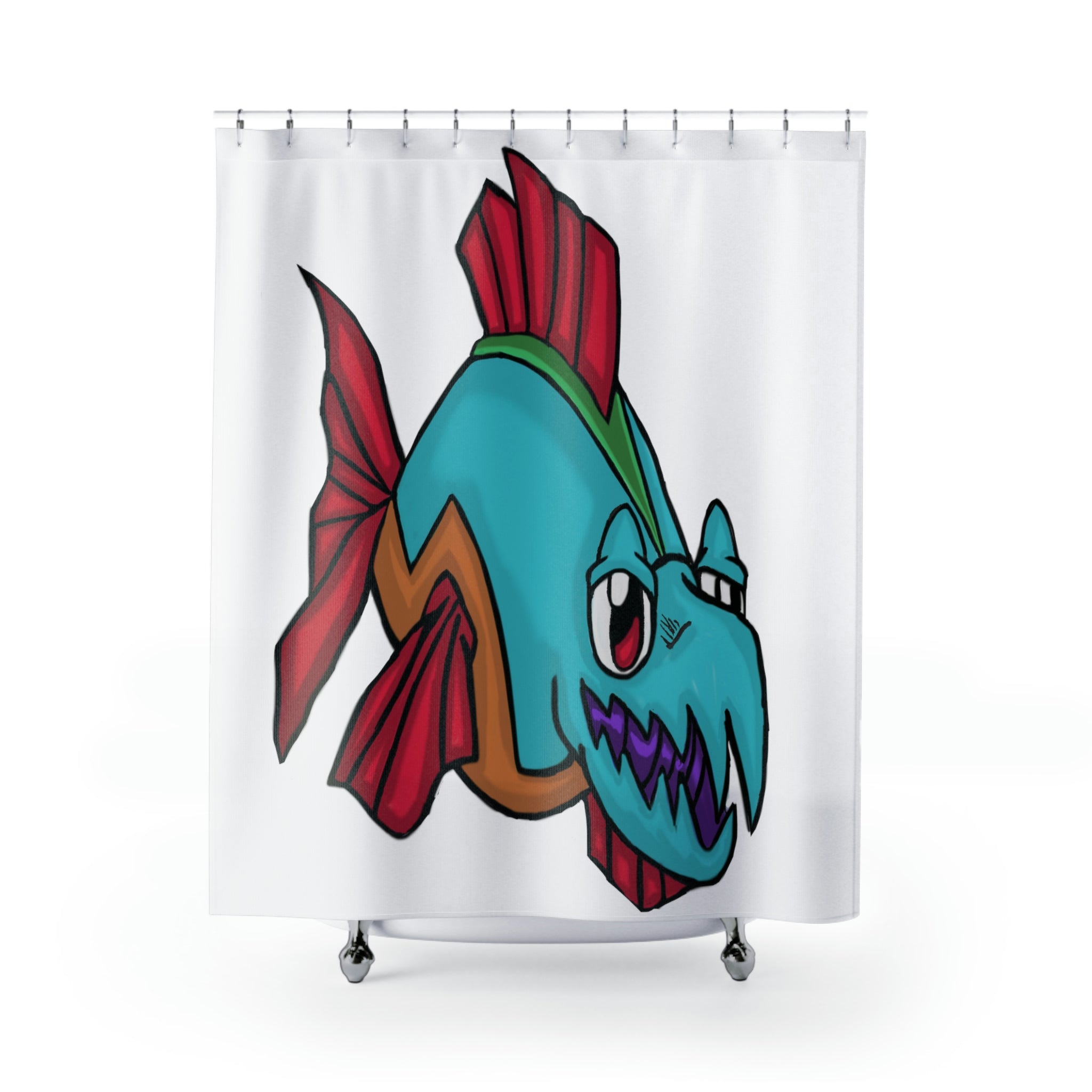 A vibrant Cannip Shower Curtain featuring a unique design, made from durable polyester, hanging in a stylish bathroom setting.