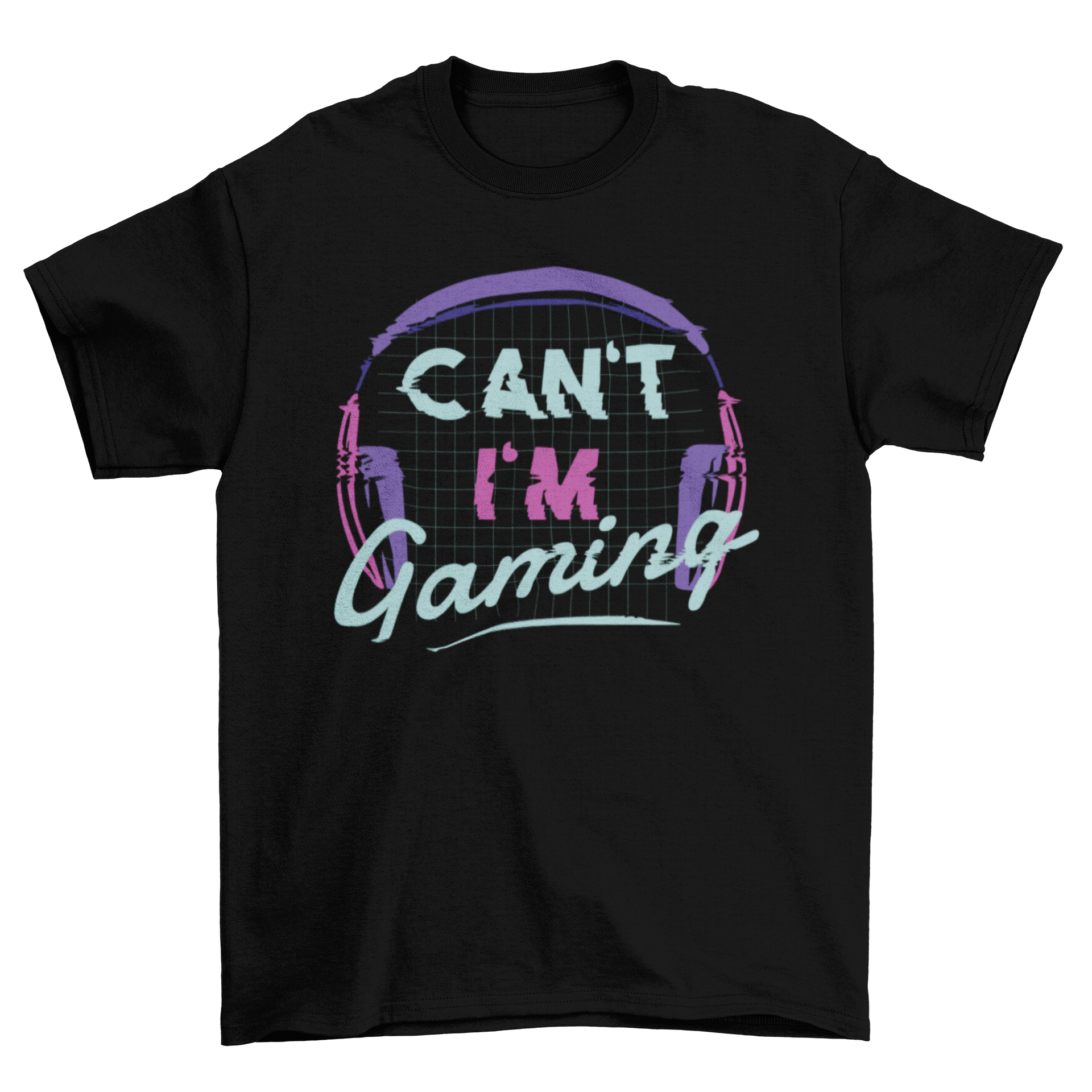 Retro t-shirt design with the quote 'Can't I'm Gaming', showcasing vibrant colors and a stylish fit.