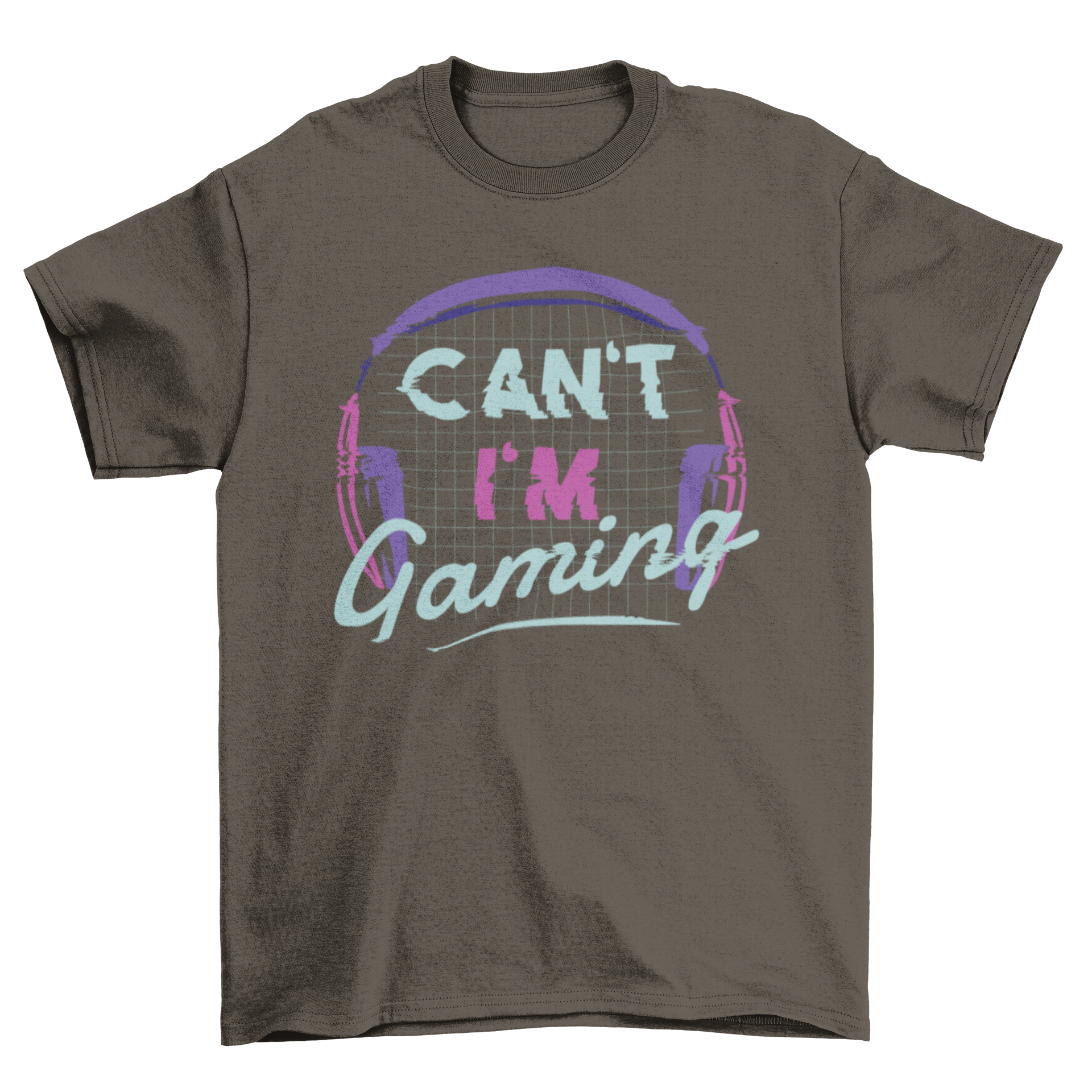 Retro t-shirt design with the quote 'Can't I'm Gaming', showcasing vibrant colors and a stylish fit.