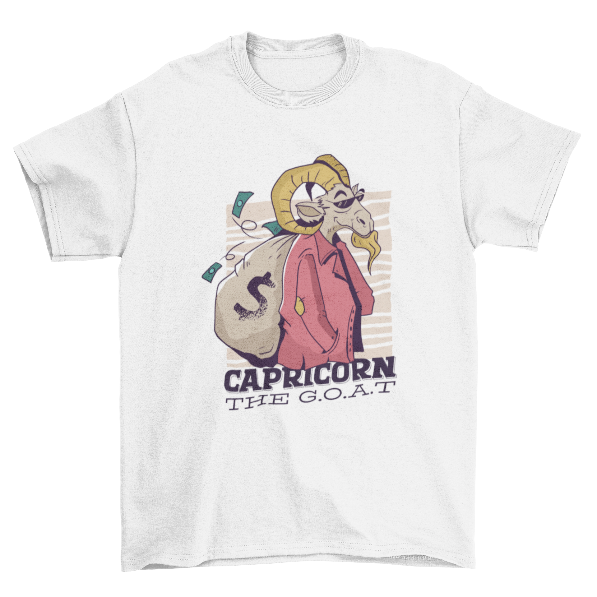 Capricorn Cartoon T-shirt featuring a goat carrying a money sack with the quote CAPRICORN THE G.O.A.T.