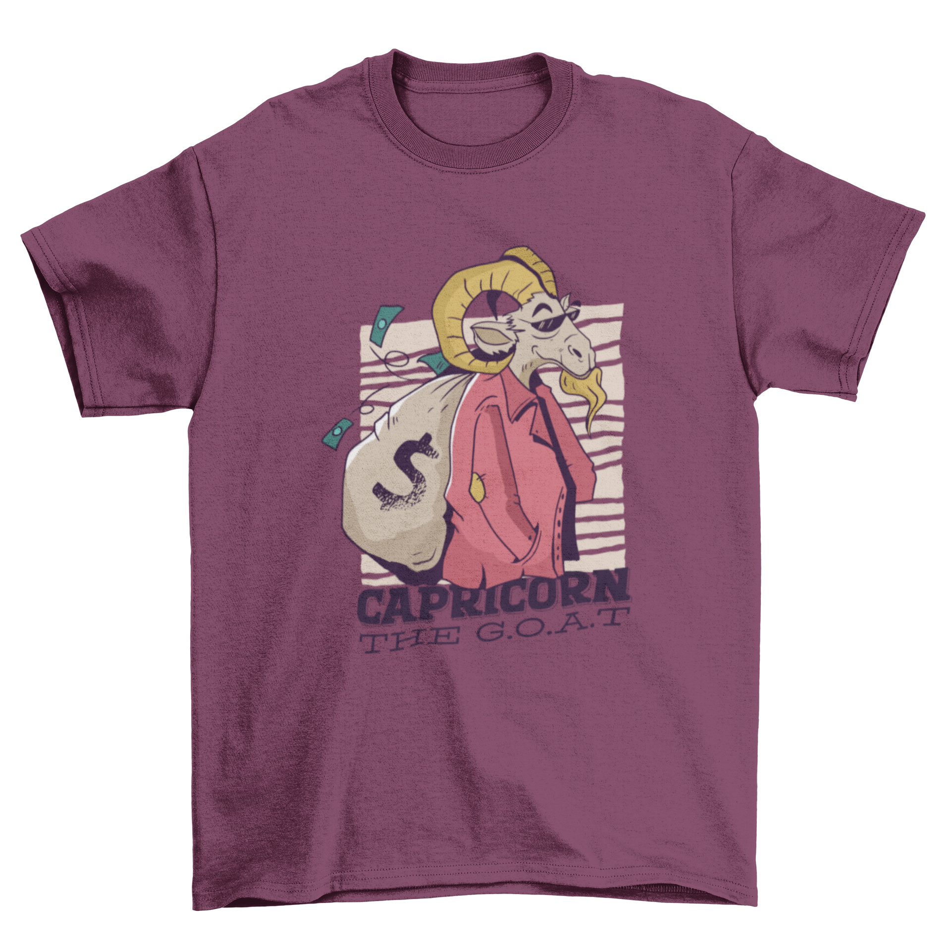 Capricorn Cartoon T-shirt featuring a goat carrying a money sack with the quote CAPRICORN THE G.O.A.T.