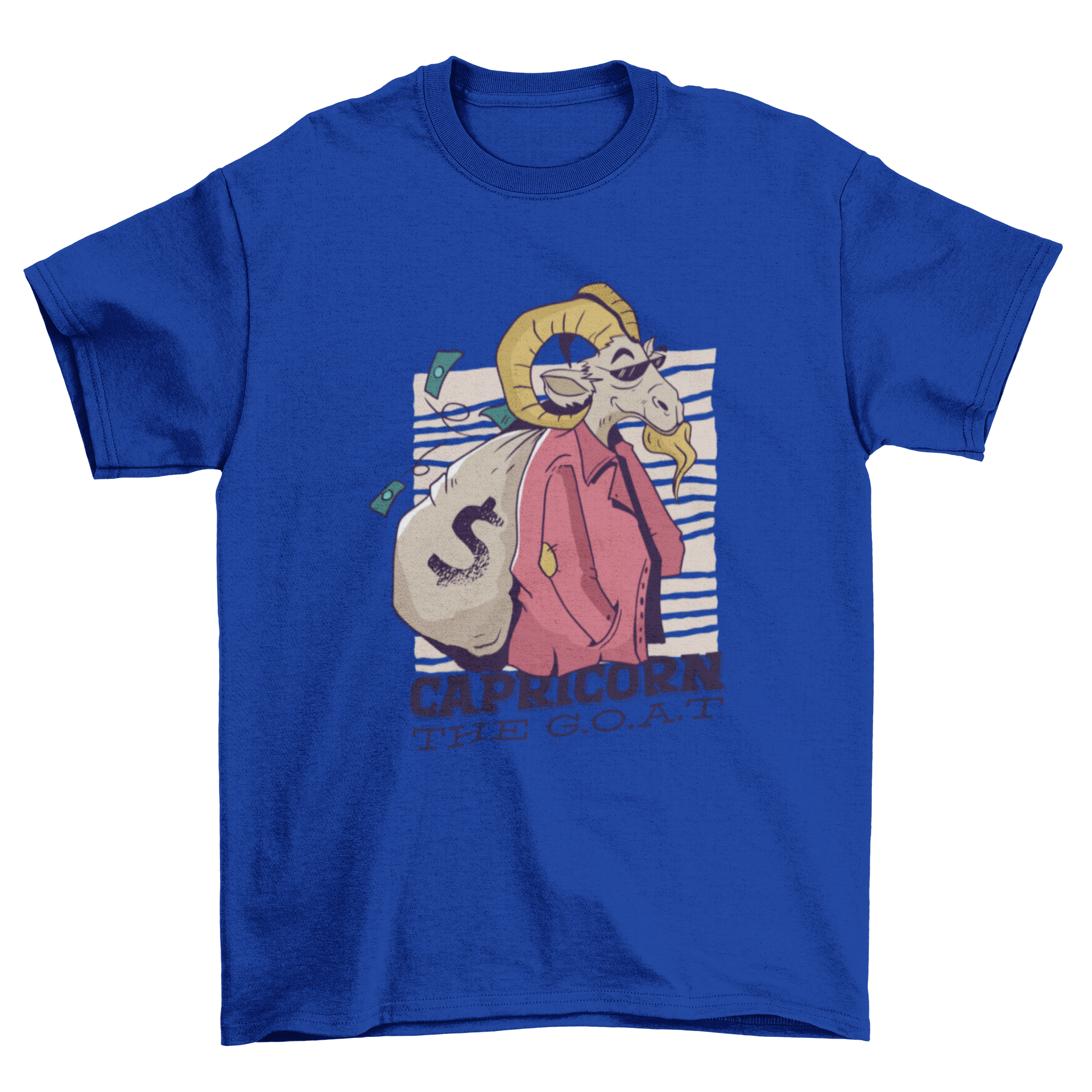 Capricorn Cartoon T-shirt featuring a goat carrying a money sack with the quote CAPRICORN THE G.O.A.T.