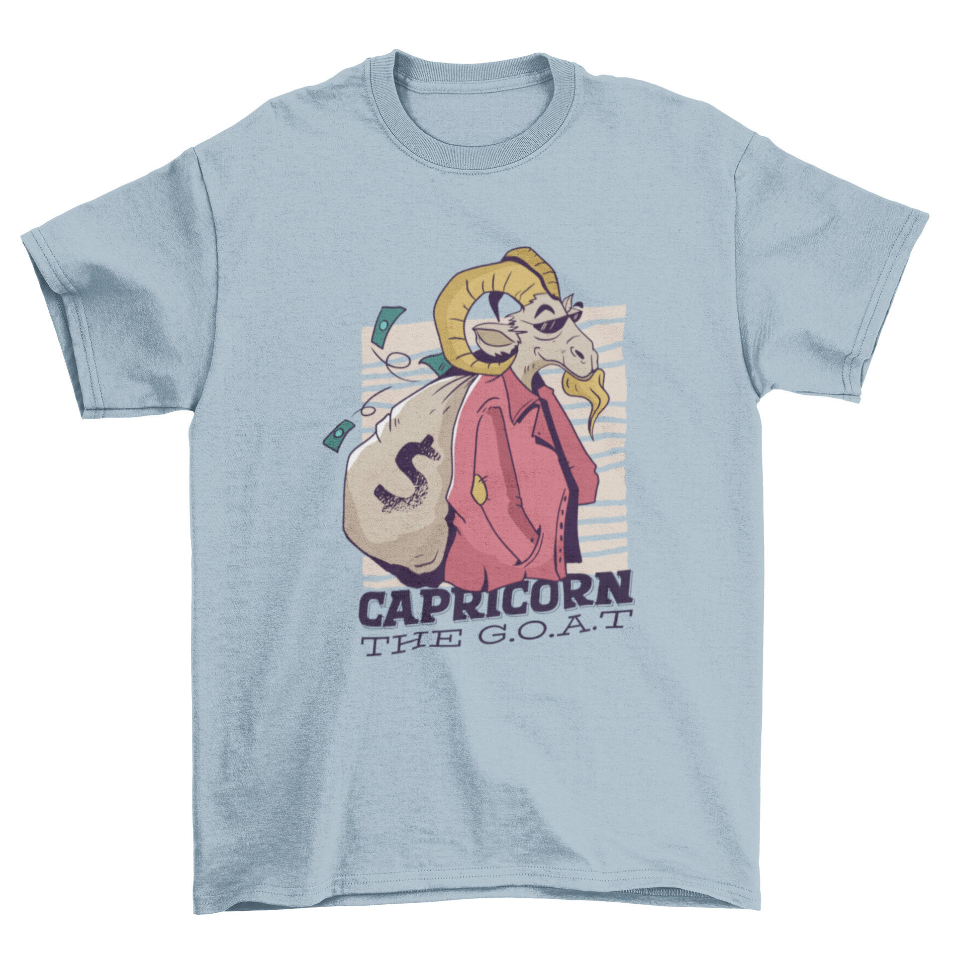 Capricorn Cartoon T-shirt featuring a goat carrying a money sack with the quote CAPRICORN THE G.O.A.T.