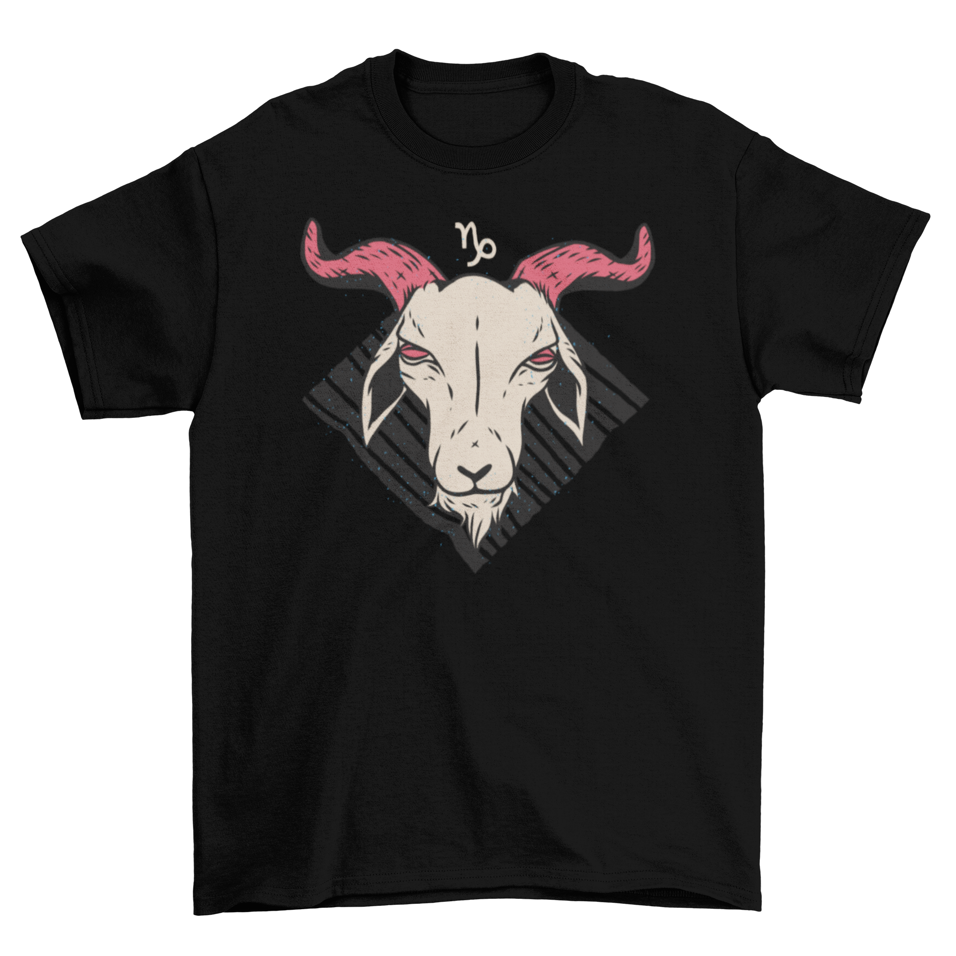 Capricorn Zodiac T-shirt featuring the Capricorn sign over a diamond-patterned background with slanted lines.