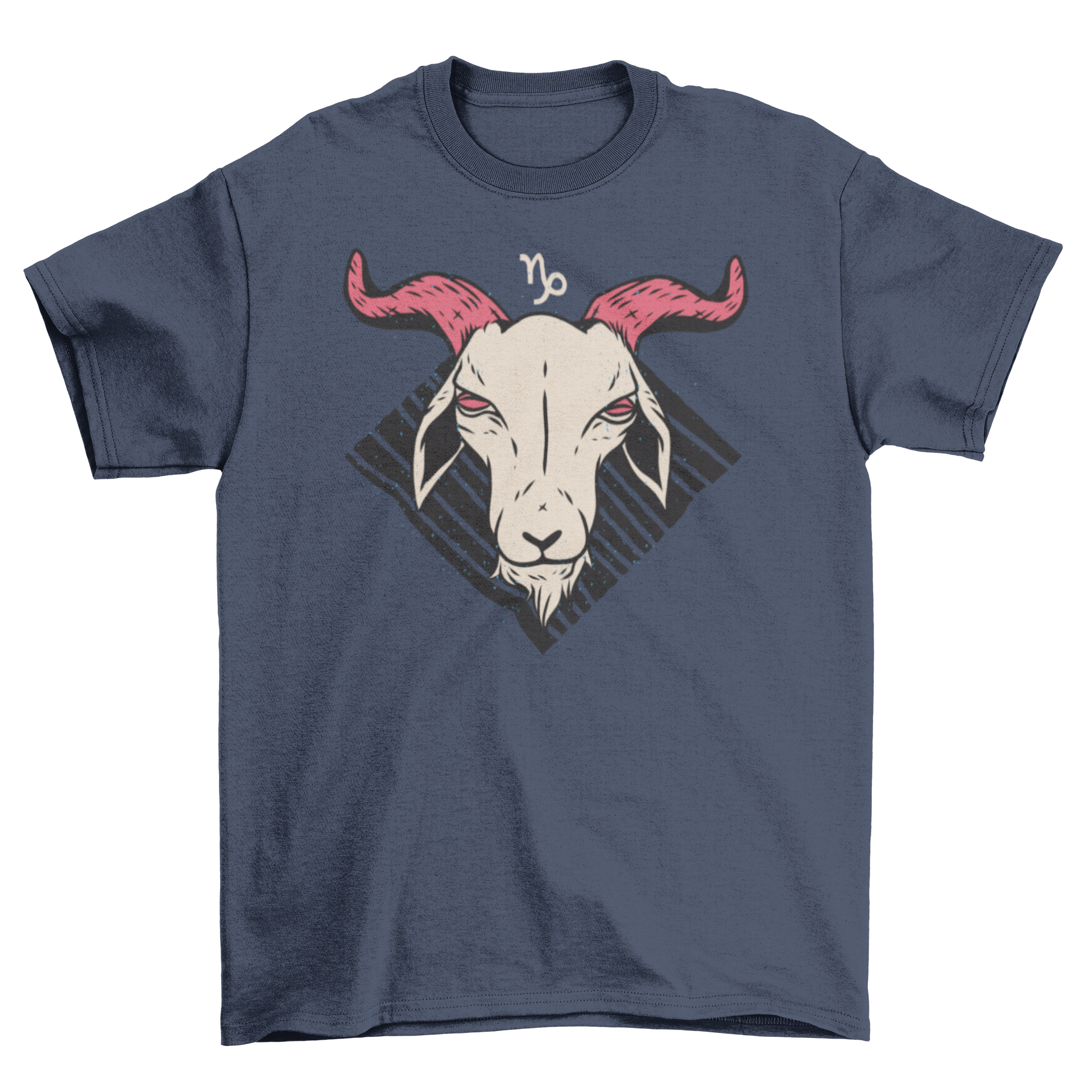 Capricorn Zodiac T-shirt featuring the Capricorn sign over a diamond-patterned background with slanted lines.